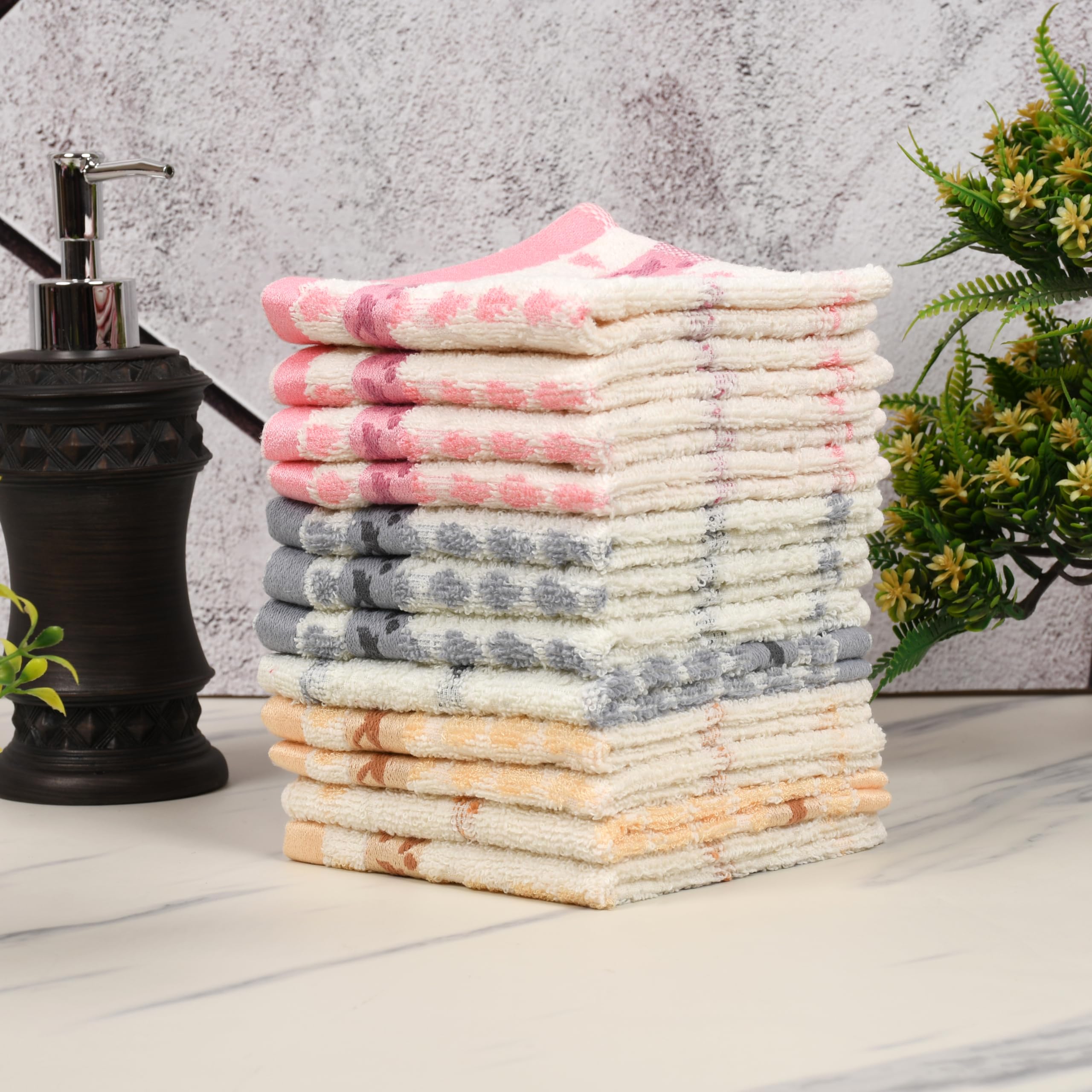GRGRASP 10x10 Inch Terry Cotton Face Towel, Hygienic Washcloth with Check Design, Pack of 12 for Daily Skincare, Gym, and Travel