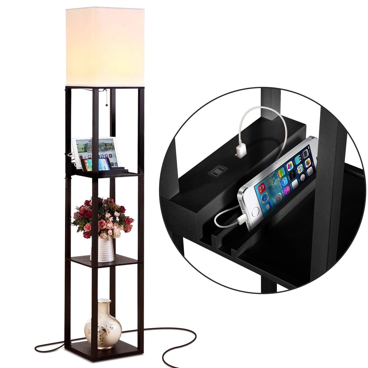 Brightech Maxwell Floor & Table Lamp Set of 2 - USB Charging Nightstand & Side Table Lamps with LED Bulb - Modern Wood Frame Floor Lamp for Bedroom, Office & Living Room - Soft Ambient Lighting for Reading & Relaxation - Black