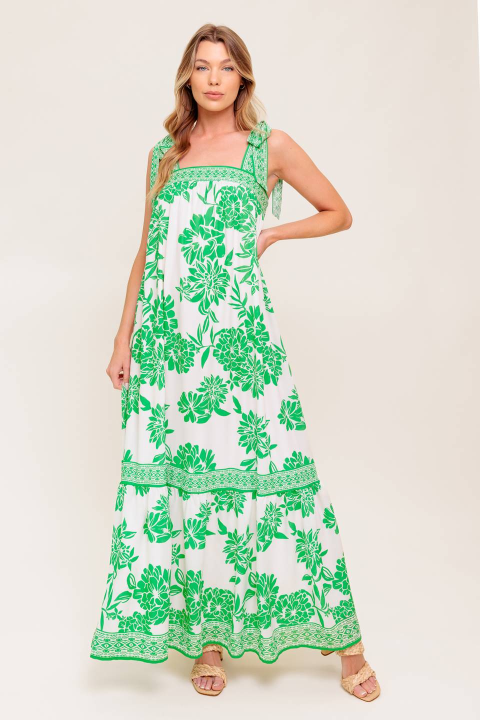 Green Gardens Maxi Dress - Flowy Summer Dress for Women, Boho Chic Beach Dress, Perfect for Vacations, Parties & Outdoor Events