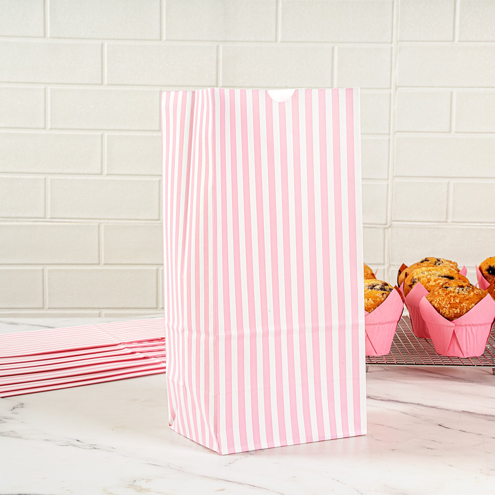 Premium Pink and White Striped Paper Gift Bags - 8 lb Capacity, 6 x 4 x 11.75 Inches - Bulk Pack of 100 - Perfect for Birthday Parties, Baby Showers & Retail Packaging