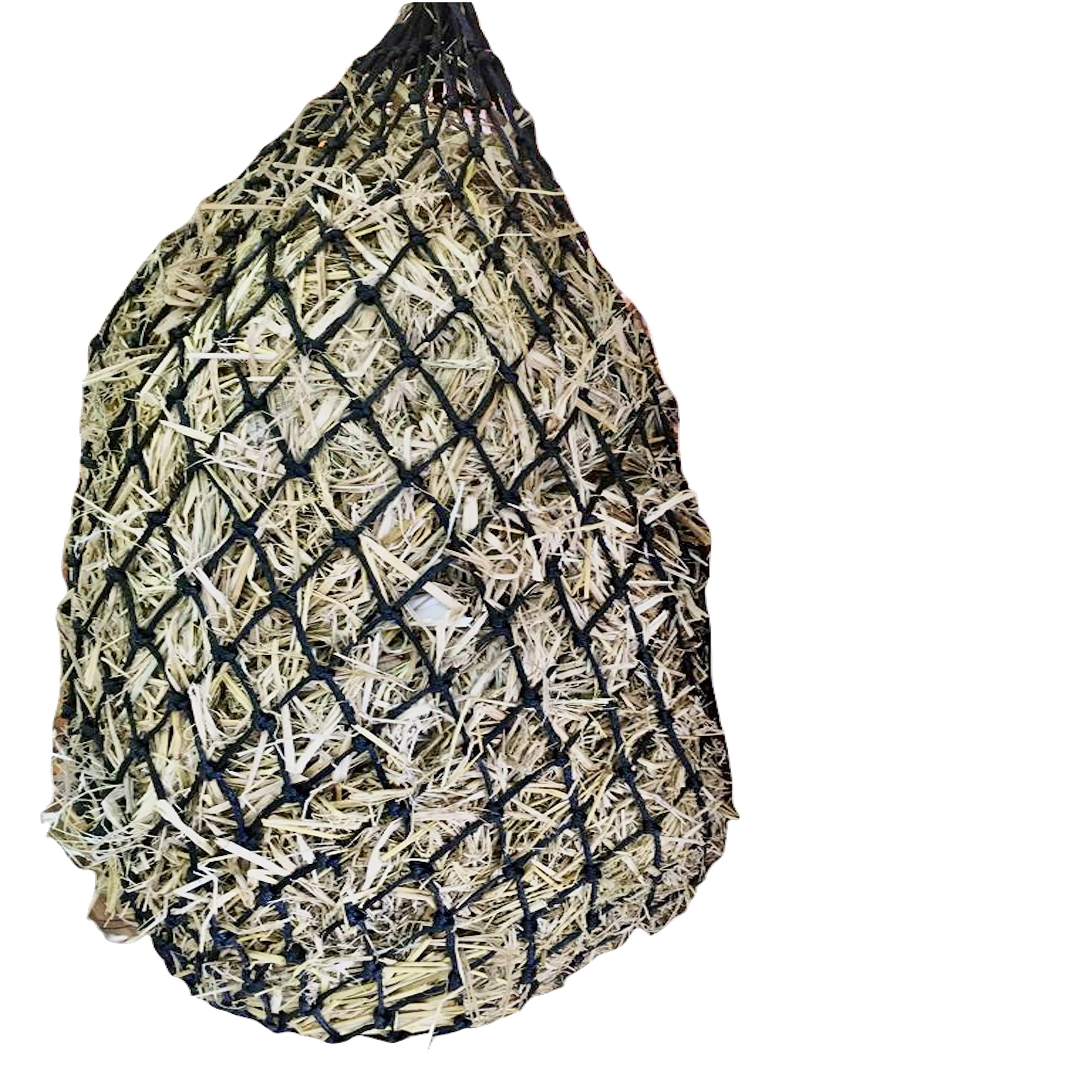 Majestic Ally 2x2 Inch Slow Feed Hay Net - 40 Inch Heavy Duty Nylon Monofilament Horse Feeder with Bottom Ring - Adjustable Hanging Rope for Stall, Trailer & Portable Use - Perfect for Picky Eaters & Portion Control (Black)