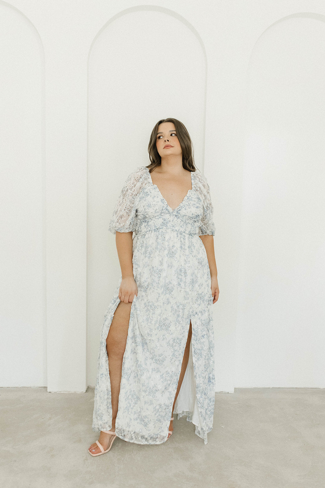 Blue and White Floral Daphne High Slit Eyelet Detail Maxi Dress - Plus Size & Inclusive Sizing - Perfect for Summer Weddings, Beach Vacations & Date Nights