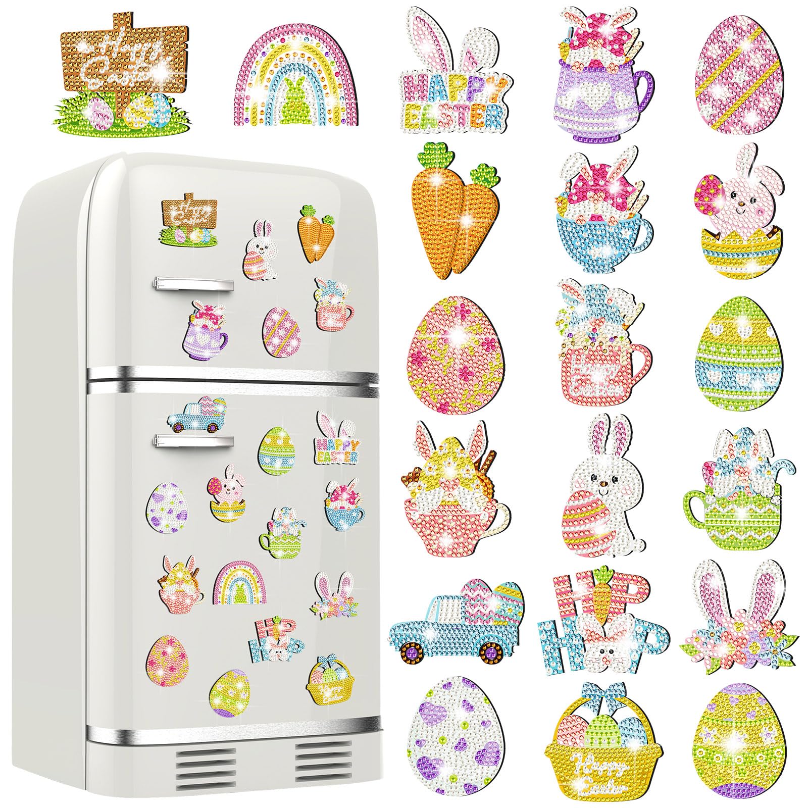 20Pcs Easter Diamond Painting Magnets - DIY Bunny Egg Refrigerator Magnets Kit for Easter Decor, Kitchen Fridge, Whiteboard & Craft Decoration | Holiday Diamond Art Stickers for Kids & Adults