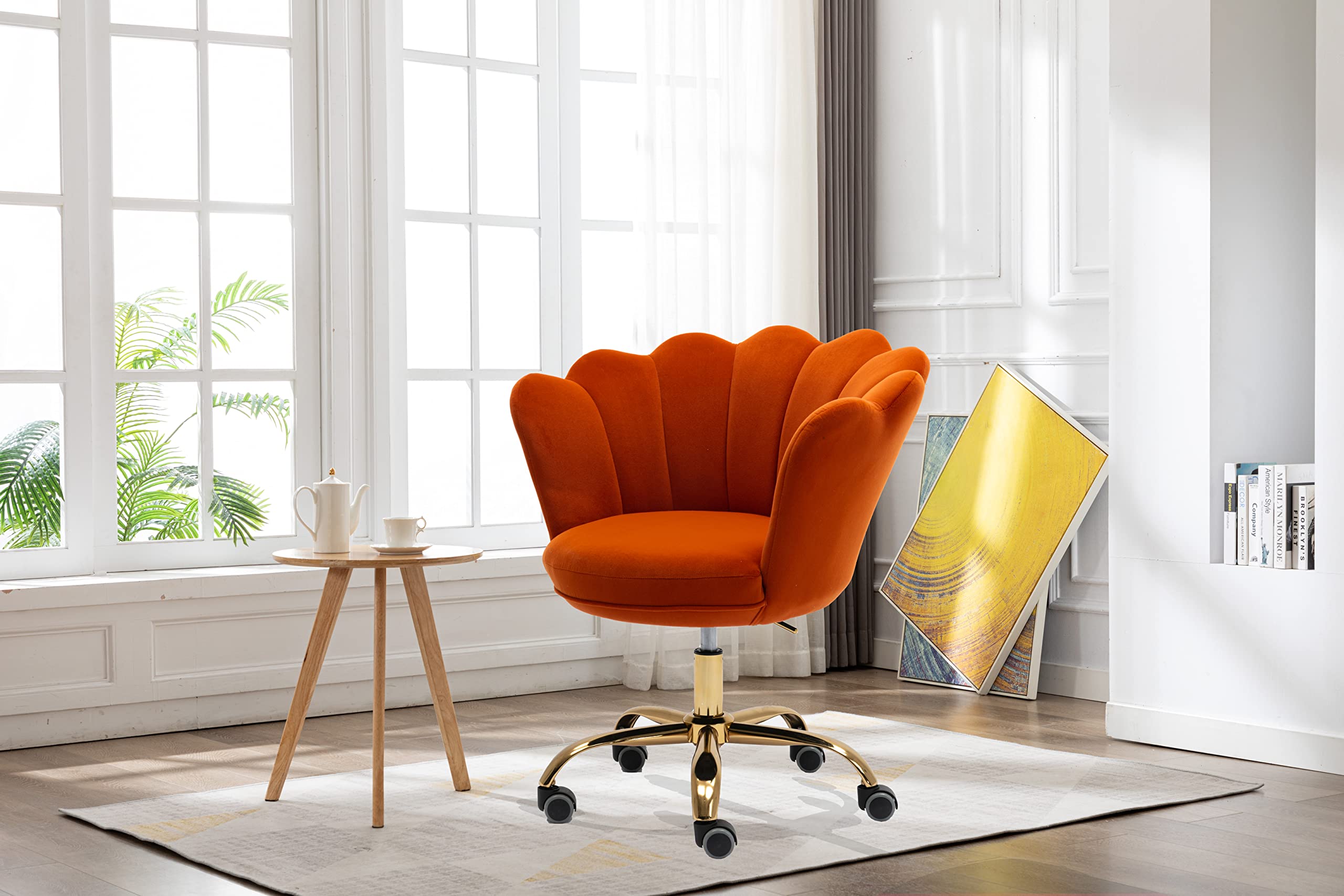 Ergonomic Modern Home Office Chair - Adjustable Swivel Desk Chair with Wheels for Work, Study & Makeup - Velvet Upholstered Task Chair for Living Room & Bedroom (Dark Orange) - Perfect for Remote Work, Gaming & Beauty Stations