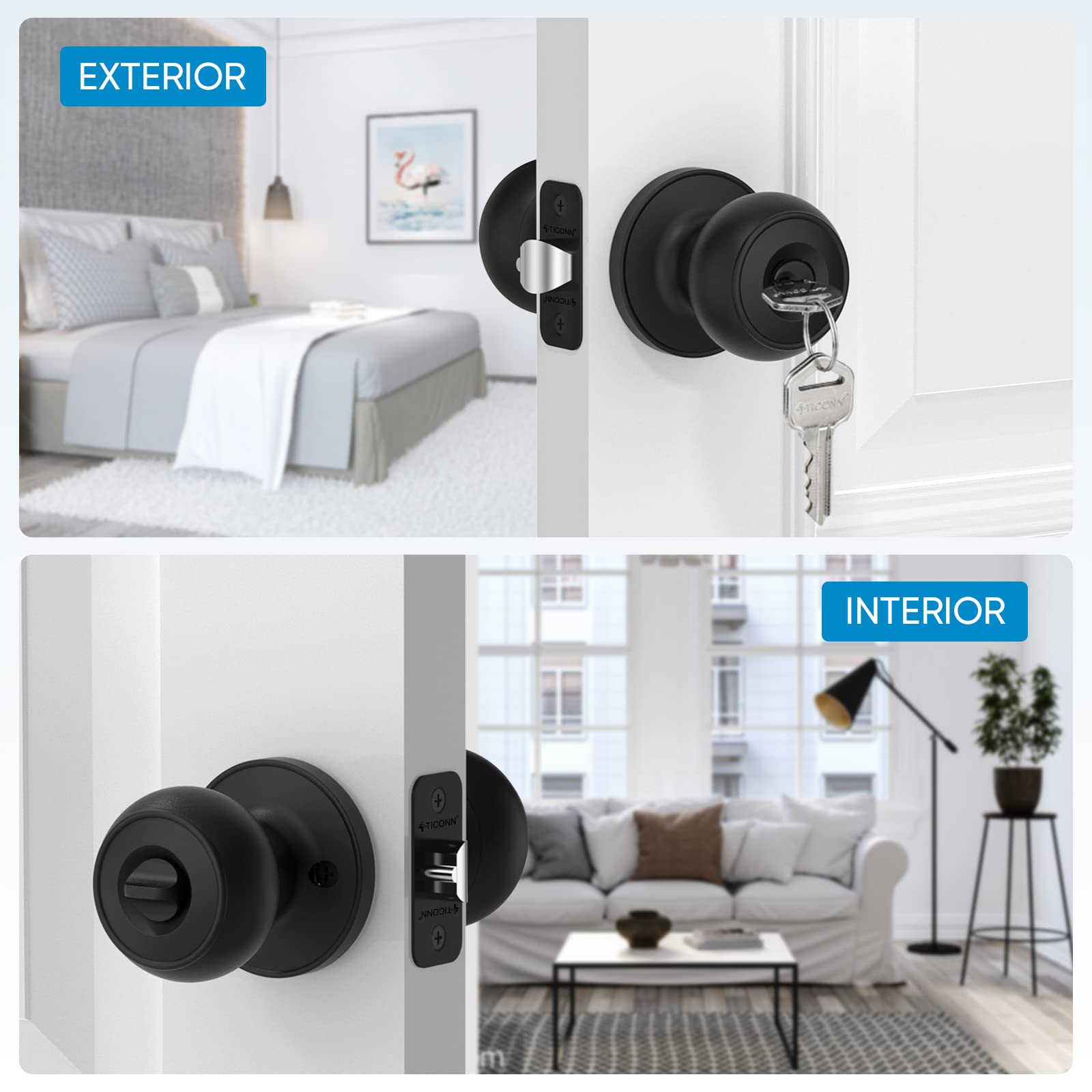 TICONN Round Door Knob with Deadbolt - Matte Black for Bedroom & Bathroom Doors