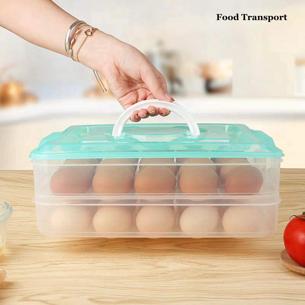 2-Layer Deviled Egg Tray with Lid - Large 40-Egg Food Storage Container with Handle - Refrigerator Egg Holder for Parties, Picnics & Holiday Meals (Blue)