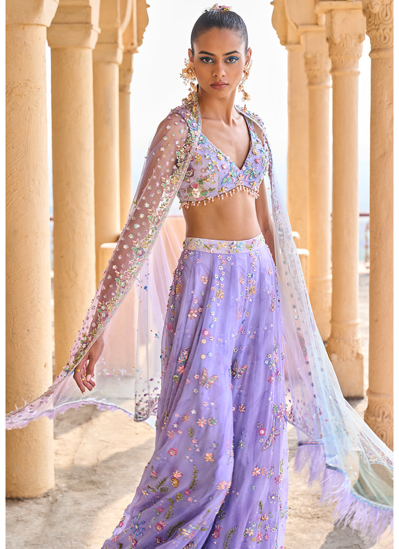 Janhvi Kapoor Style Periwinkle Embellished Crop Top & Sharara Set - Indian Ethnic Wear for Weddings, Festivals & Special Occasions