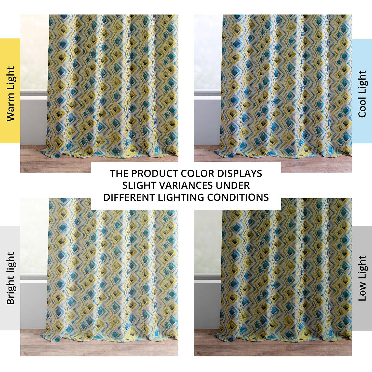 Zanni Multi Blue Green Geometric Faux Silk Jacquard Blackout Curtains for Living Room, Bedroom & Nursery - Light Blocking Window Drapes for Better Sleep & Privacy