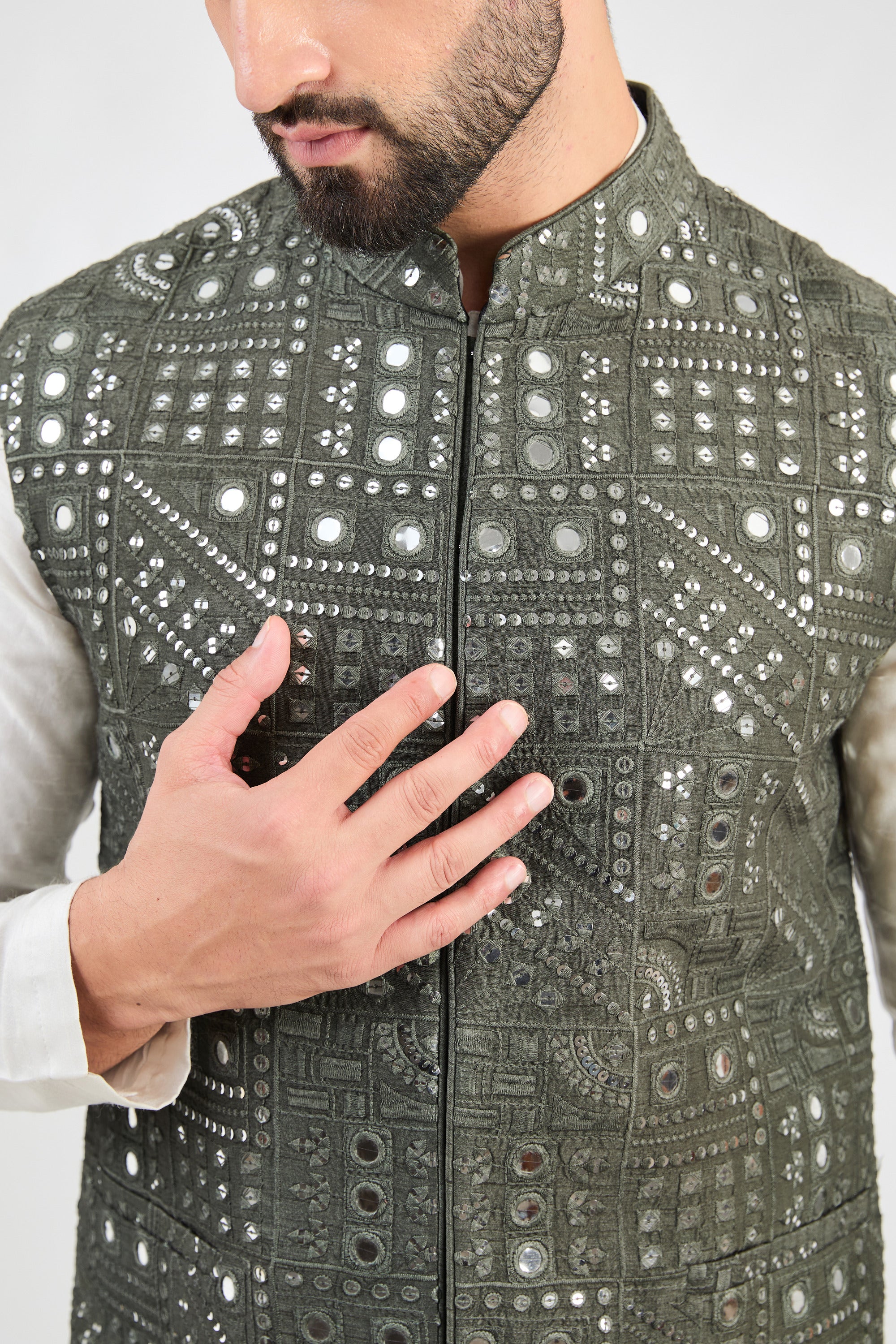 Military Green Abstract Mirror Work Jacket - Stylish & Durable Outerwear for Men & Women | Perfect for Outdoor Adventures, Casual Wear & Street Fashion