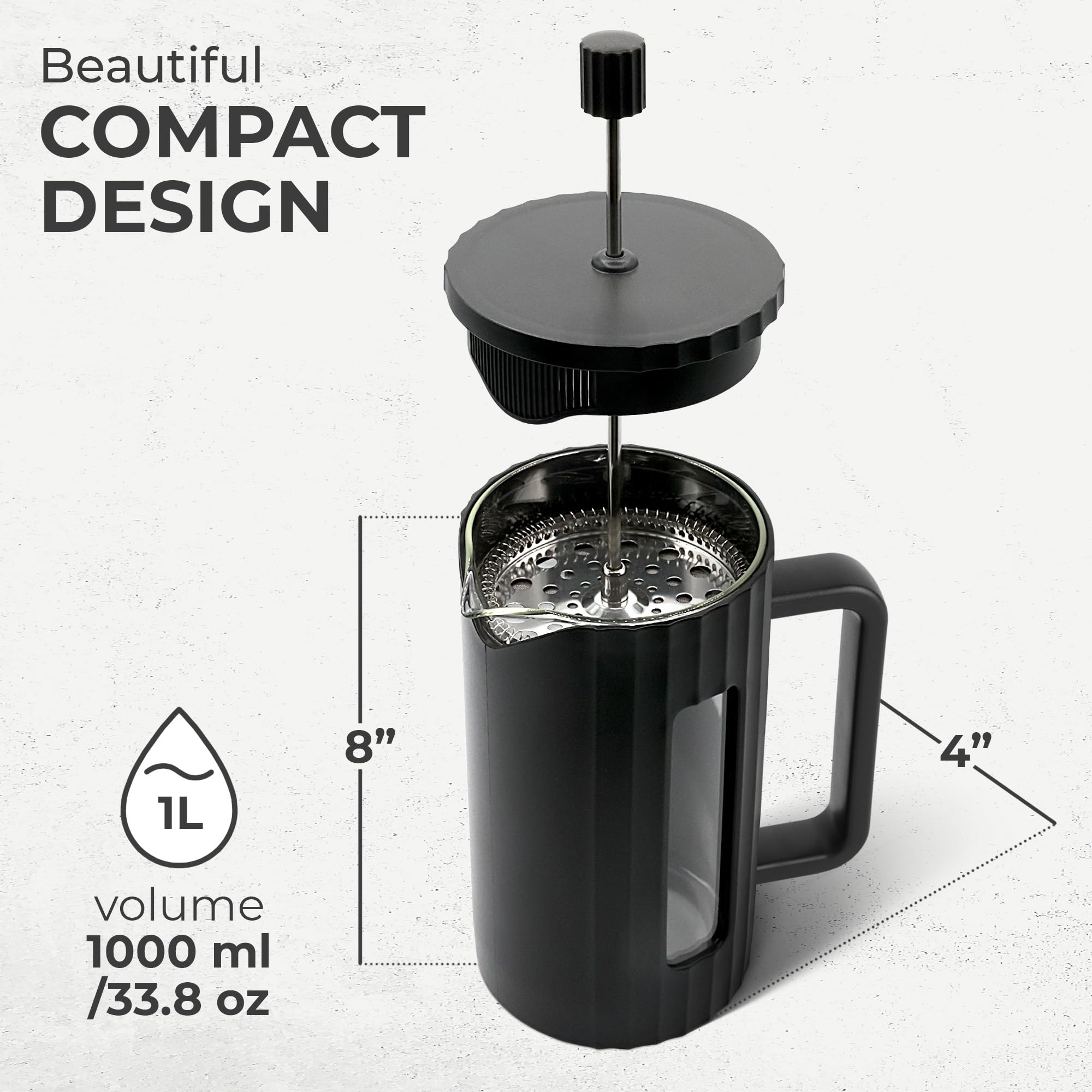 Kaffè French Press Coffee Maker (34oz / 1L) - Borosilicate Glass & BPA-Free Plastic - Matte Black - Lightweight Portable for Travel, Camping, Office & Home Brewing - Perfect for Coffee Lovers & Outdoor Enthusiasts
