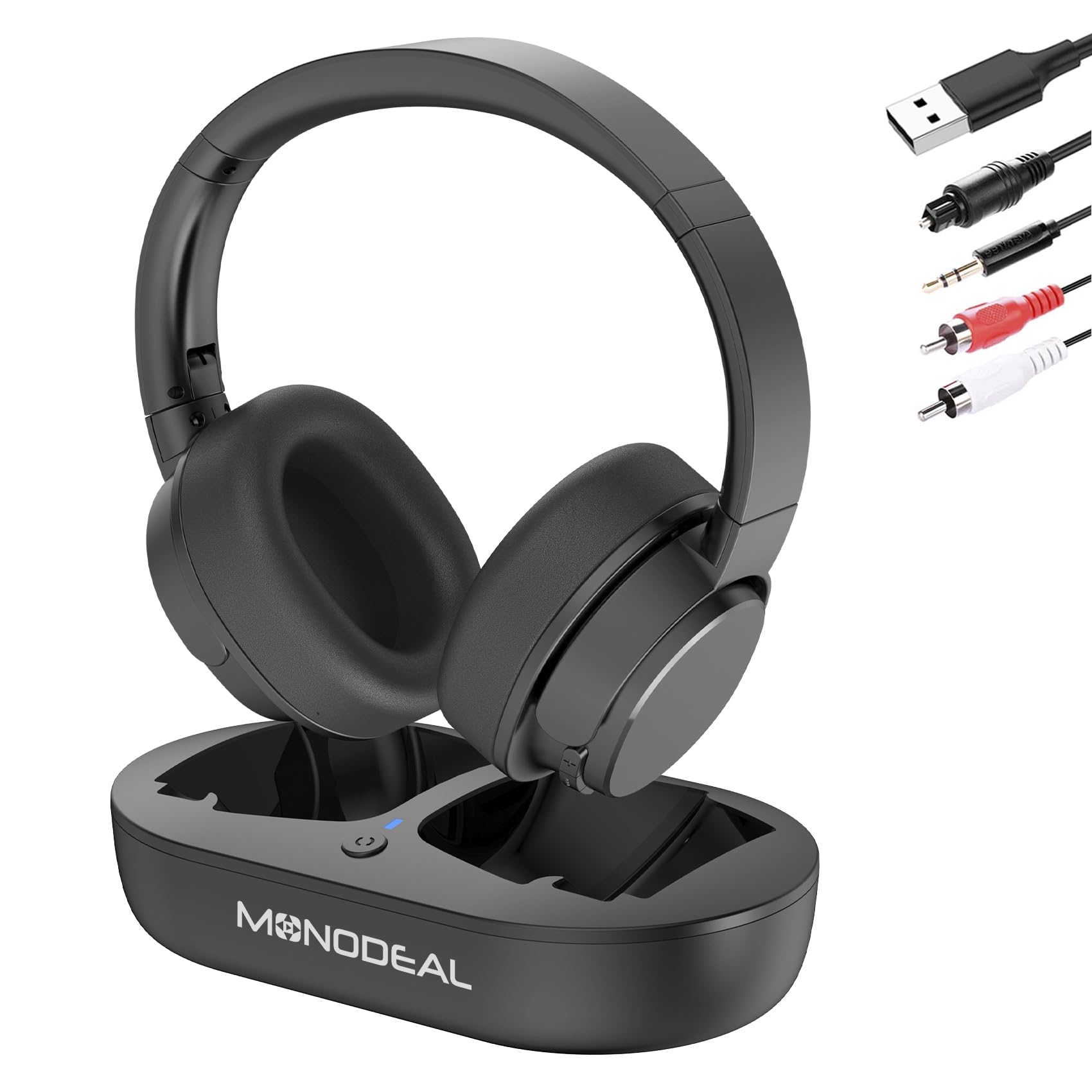 MONODEAL Wireless Headphones for TV - Digital Optical/RCA/AUX 3.5mm Transmitter & Charging Dock - Over Ear Headset for Seniors & Adults - 30H Playtime, 100FT Range, No Lip-Sync Delay - Perfect for Night TV Watching, Gaming & Private Listening