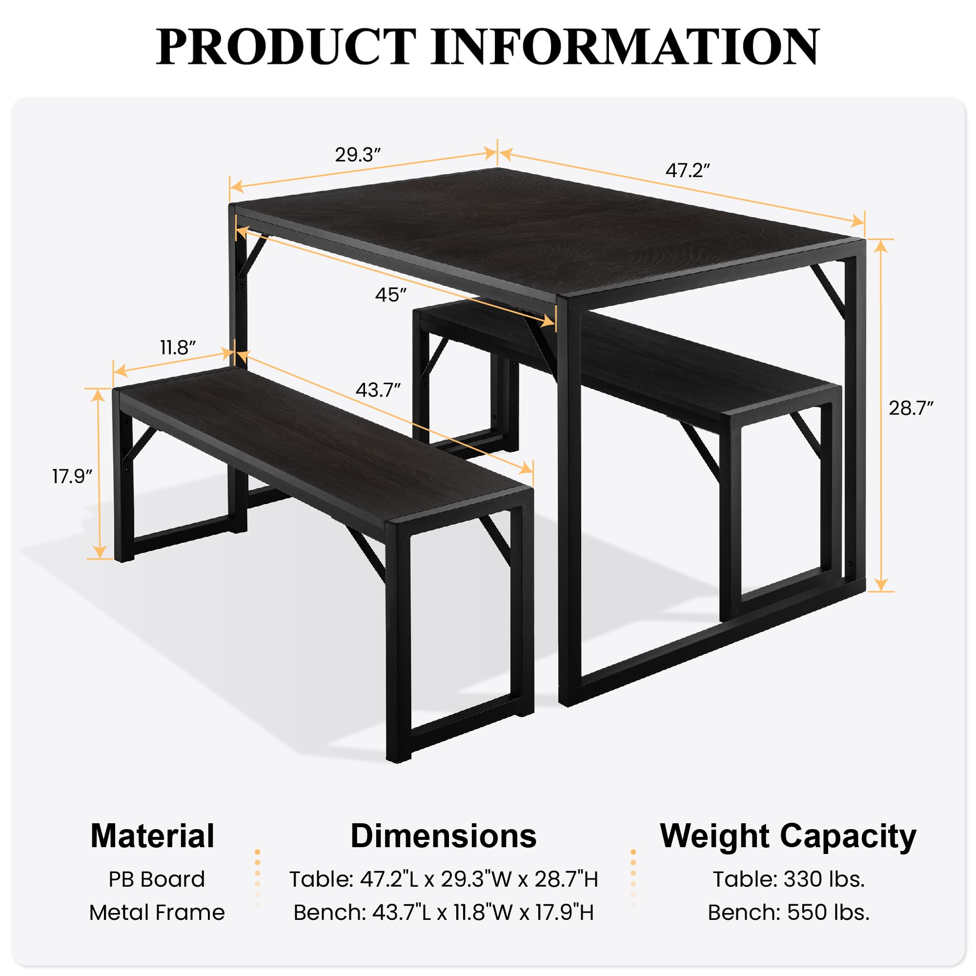 Rustic SHA CERLIN 4-Piece Kitchen Dining Table Set with Benches - Heavy Duty Metal Frame, Space-Saving Design for Small Kitchens & Apartments | Perfect for Breakfast Nooks, Cozy Dining & Compact Living Spaces