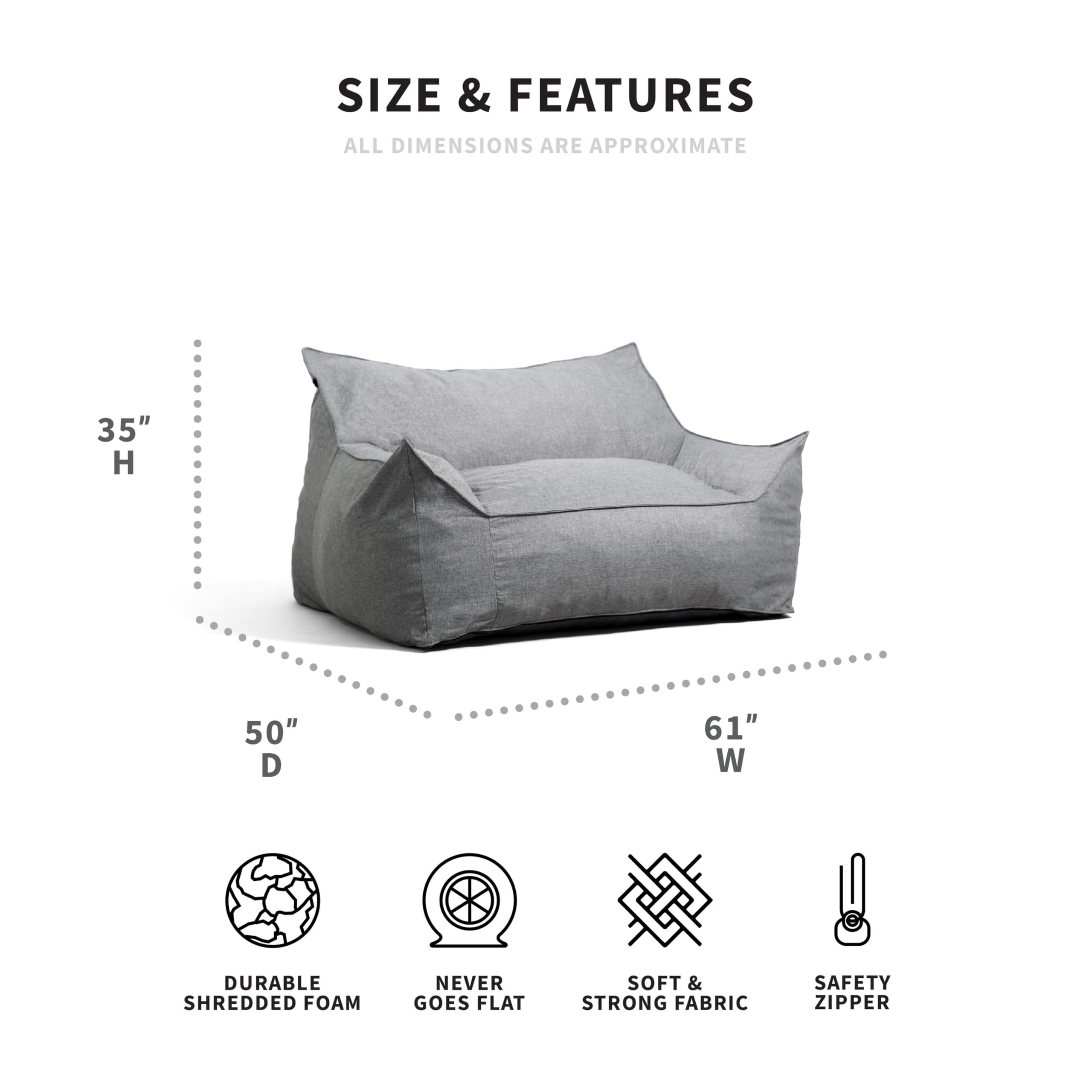 Big Joe Imperial Fuf Foam Filled Bean Bag Sofa - 5 Feet Giant Size with Removable Washable Cover, Durable Woven Polyester Fabric in Gray Union - Perfect for Living Rooms, Game Rooms, Dorm Lounging and Movie Nights