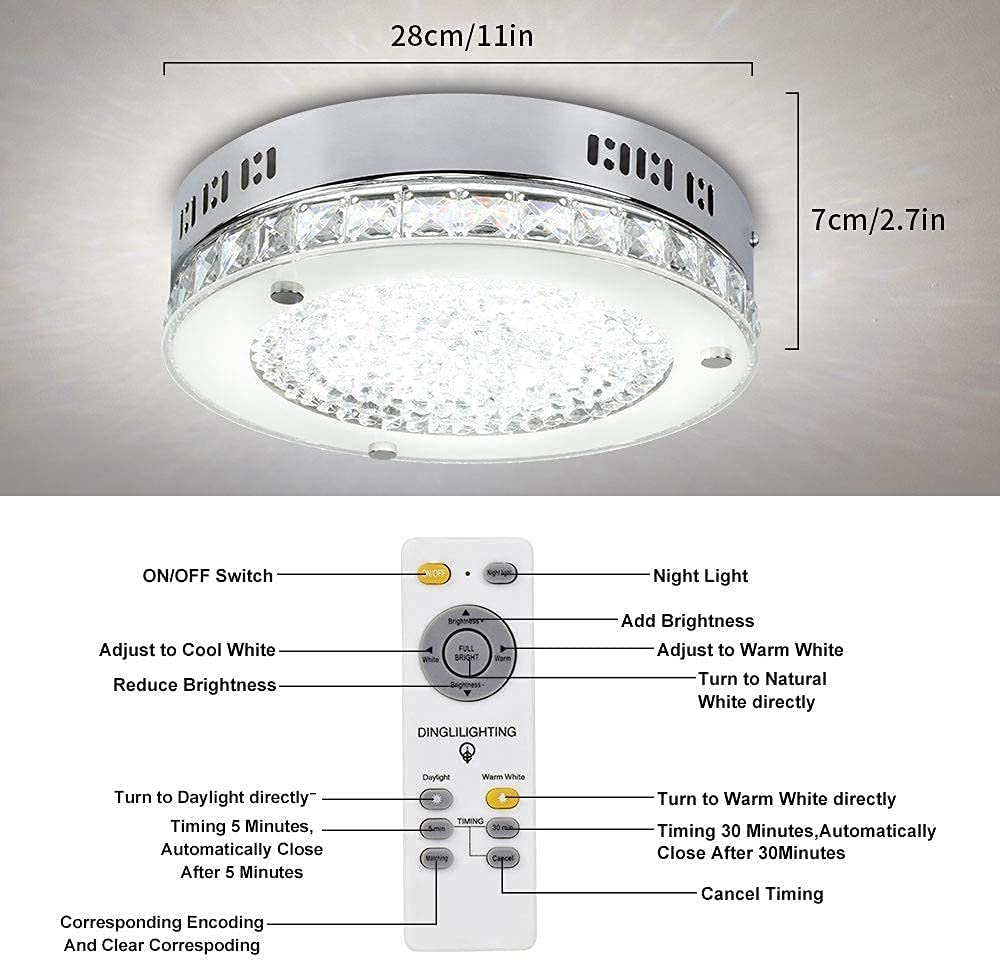 Depuley 18W LED Crystal Ceiling Light with Remote Control - 11 Inch Modern Dimmable Flush Mount Fixture - 1440LM 3 Color Changing - Perfect for Bedroom, Living Room & Kitchen Lighting