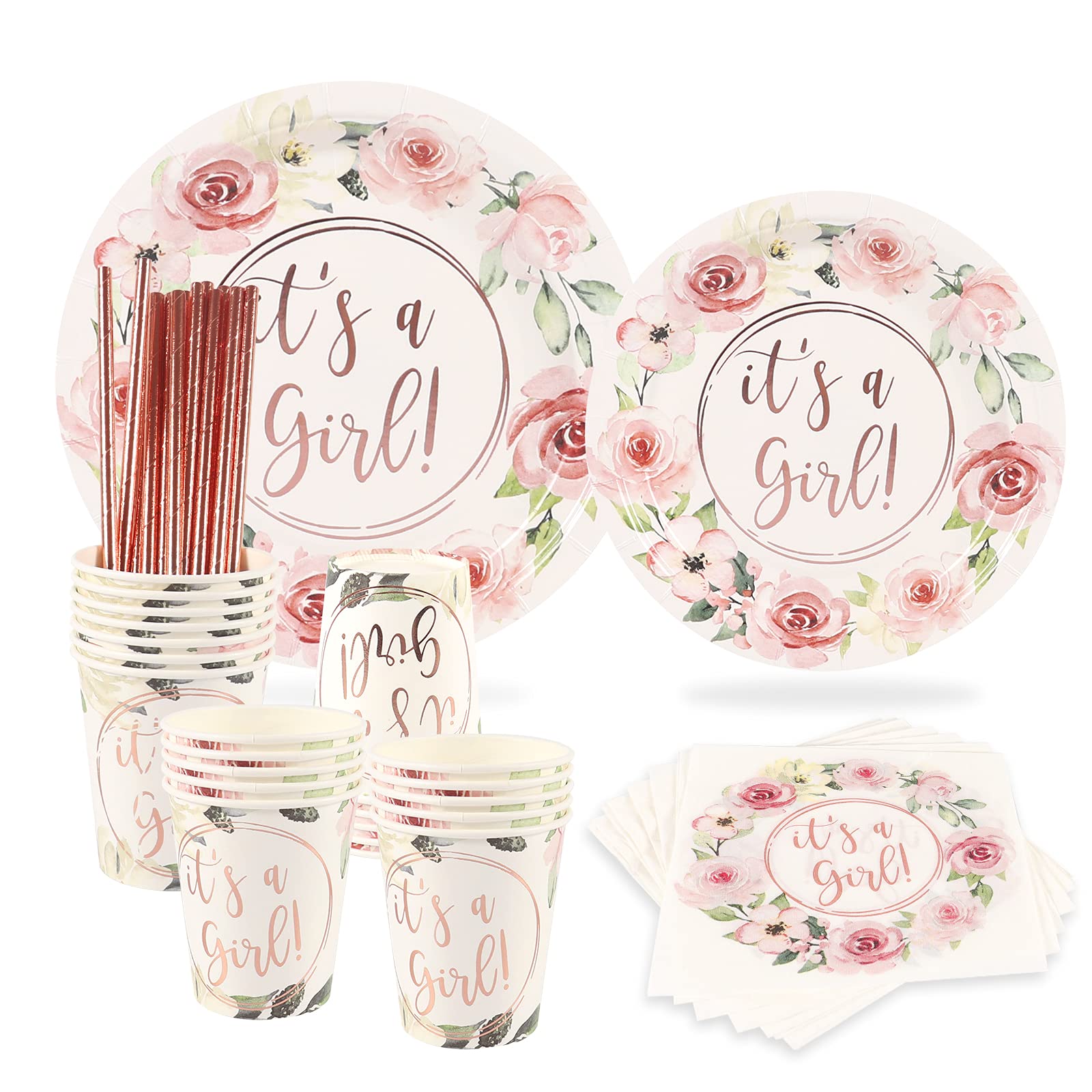 Rose Gold Foil 'It's a Girl' Party Plates Set - 24 Dinner Plates, Dessert Plates, 9oz Cups, Gold Straws & Napkins for Baby Shower & Birthday Decorations | Perfect for Gender Reveal, Bridal Showers & Celebration Parties