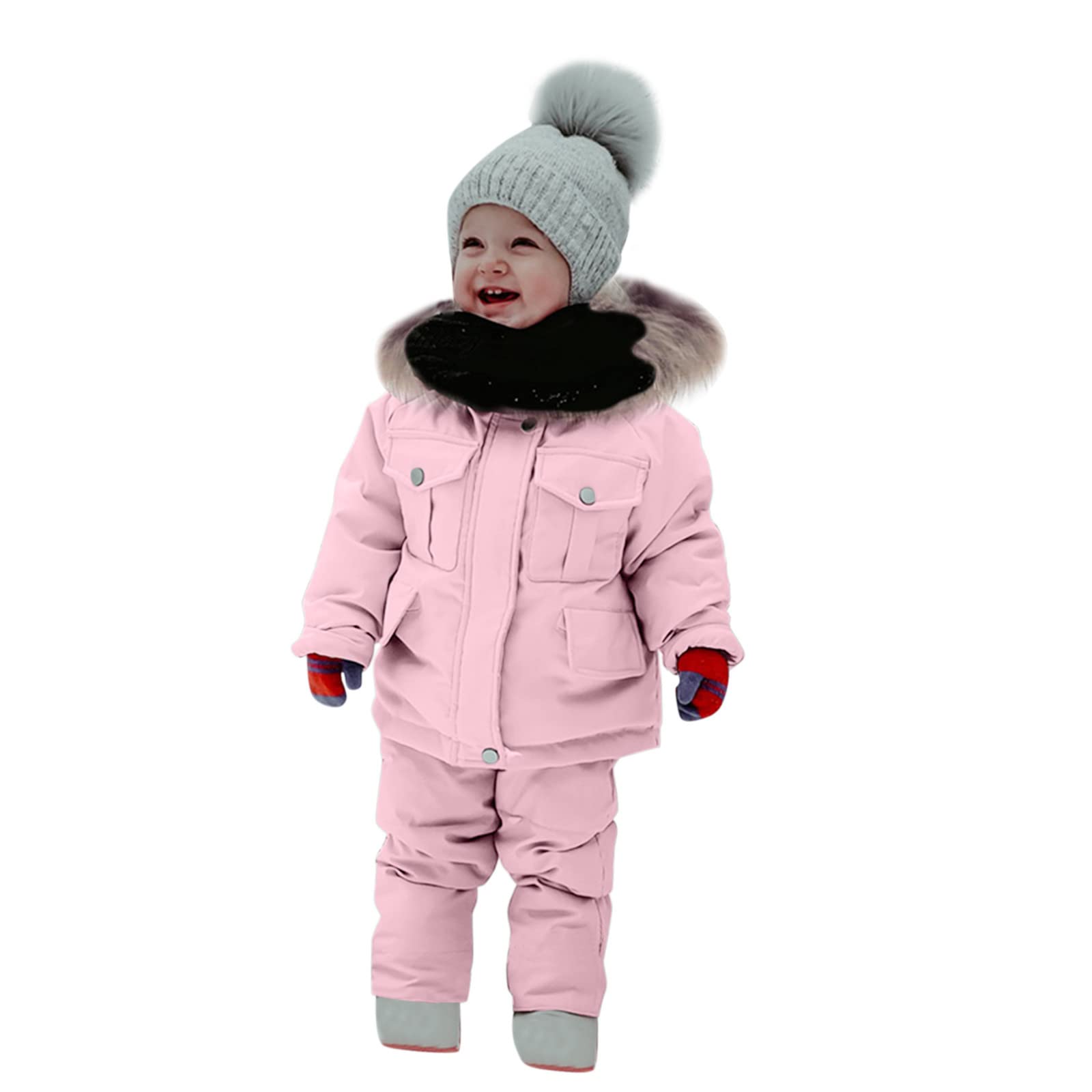 SYNIA Winter Baby Girls Snowsuit with Fur Hood - Warm Windproof Puffer Coat & Snow Bib for 1-4 Year Olds - Perfect for Snow Play, Outdoor Adventures & Cold Weather Protection