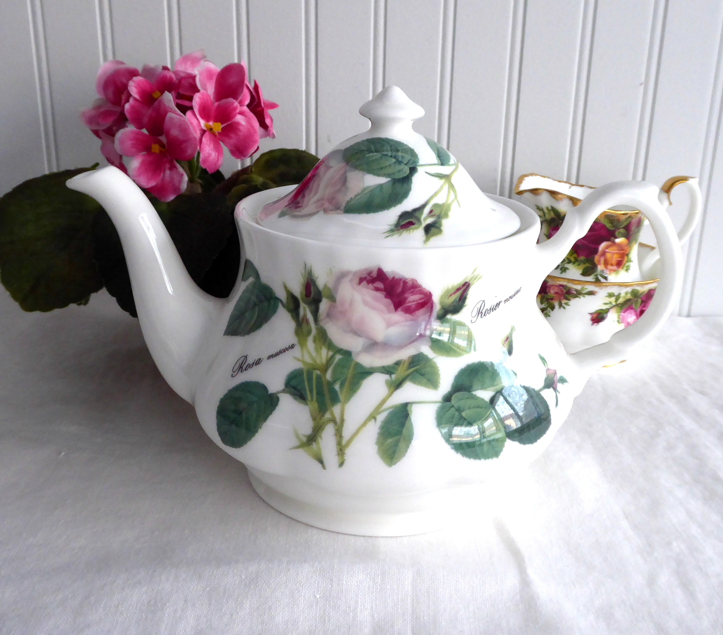 Pink Redoute Rose Teapot by Roy Kirkham - 6 Cup (40 oz) Floral Botanical Teapot for Afternoon Tea & English Garden Parties