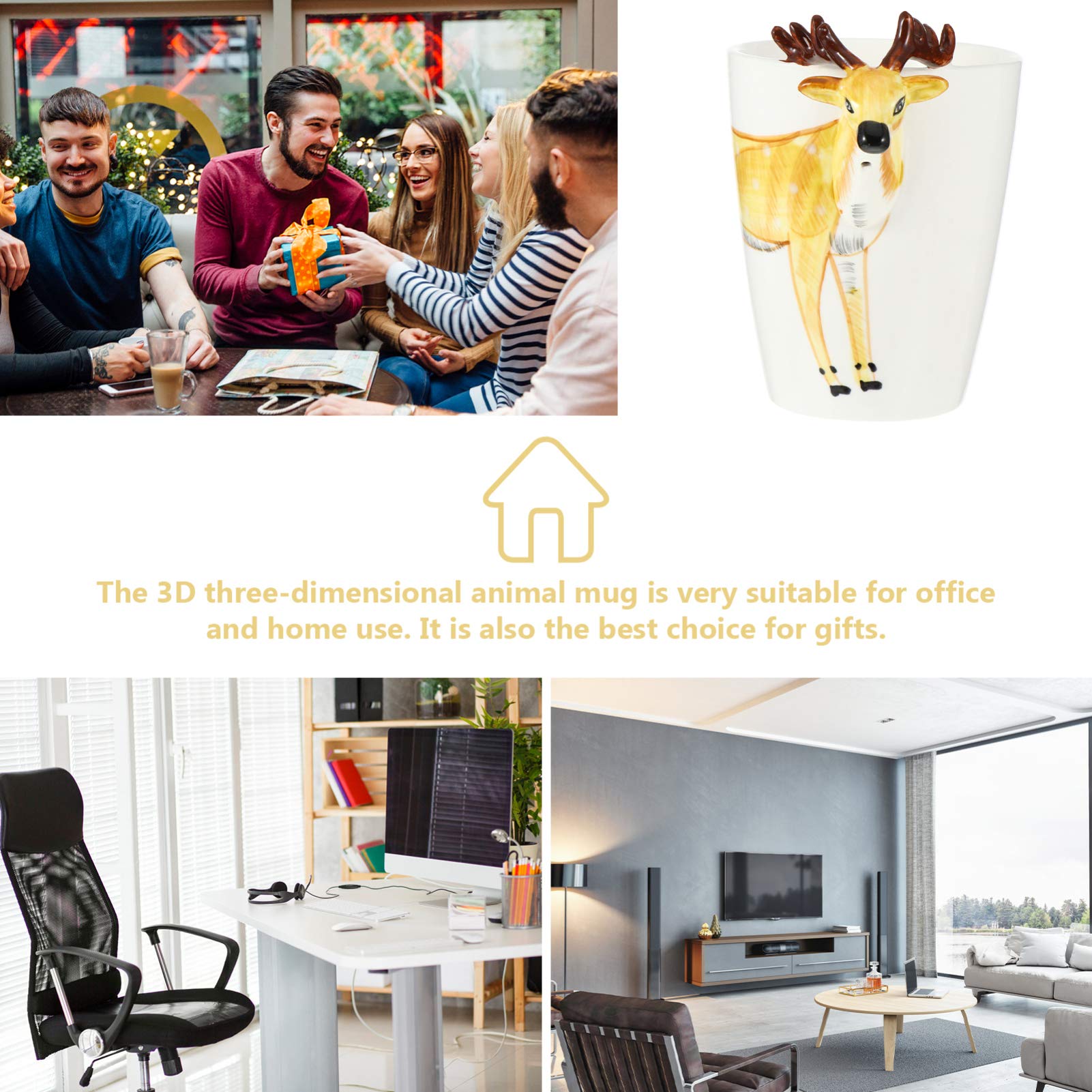 ABOOFAN Handmade 3D Deer Head Ceramic Mug - Unique Espresso & Tea Cup with Animal Handle, Fine Porcelain, Hand-Painted Figurine - Perfect Holiday & Birthday Gift for Coffee Lovers (Great for Home, Office & Gift Giving)