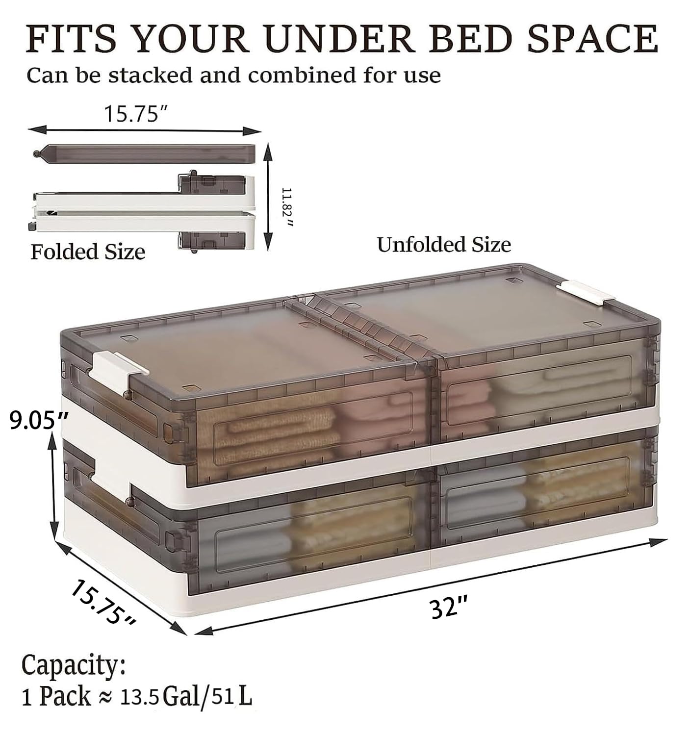 Under Bed Storage Containers with Wheels - 2 Pack Stackable Rolling Plastic Bins, 13.5 Gallon Organizer for Clothes, Shoes, Duvets & Seasonal Items | Space-Saving Bedroom, Closet & Home Organization Solution