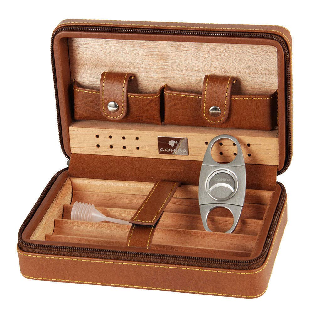 Premium Brown Leather Travel Humidor Case - Holds 4-6 Cigars with Cedar Wood Lining, Cutter & Lighter Gift Set - Perfect for Business Travel, Gifts & Cigar Enthusiasts