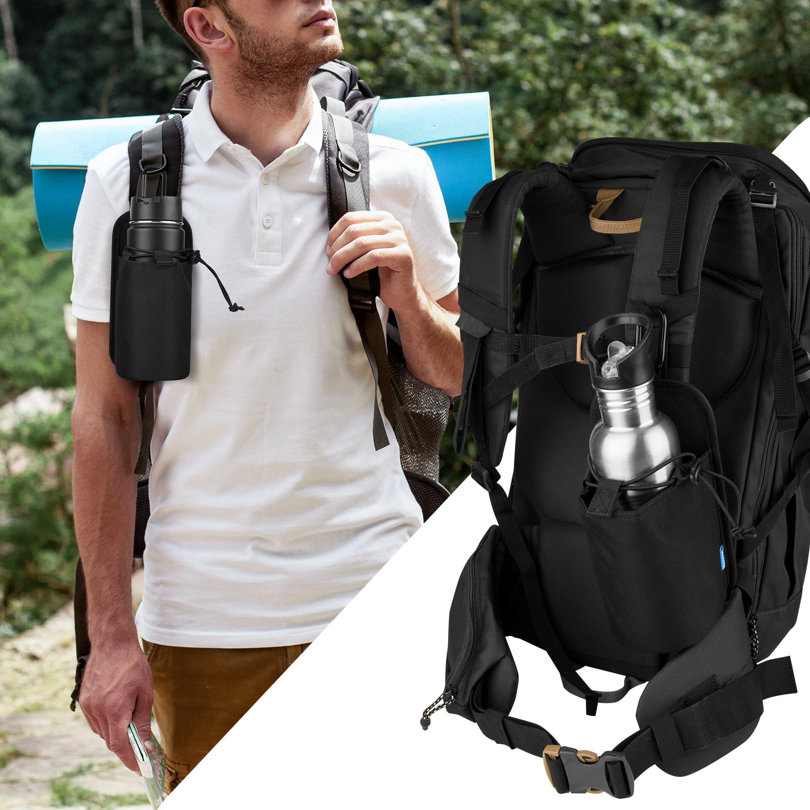 Xxerciz Nylon Water Bottle Holder for Backpack Shoulder Strap - Adjustable Drawstring Pouch with Carabiner Clip | Portable Hydration Accessory for Hiking, Camping & Outdoor Adventures