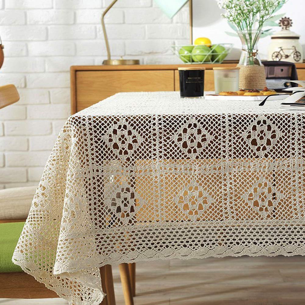 Handmade Cotton Crochet Lace Tablecloth - 55 x 55 Inch Beige Square Table Cover for Buffet, Dining Table, Wedding & Party Decor | Dust-Proof & Elegant for Holiday Dinners, Banquets & Home Decor