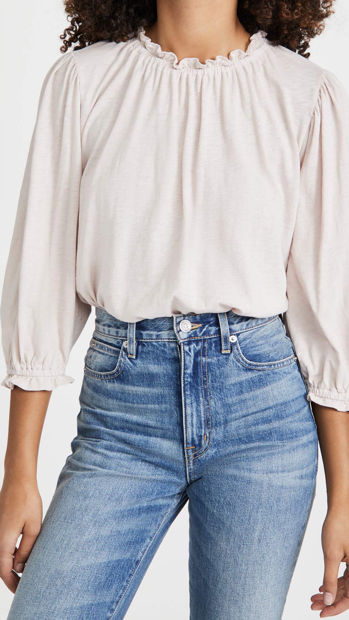 Velvet by Graham & Spencer Women's Barbara Cotton Slub Ruffle Mock Neck T-Shirt - Soft Casual Tee for Everyday Wear & Layering