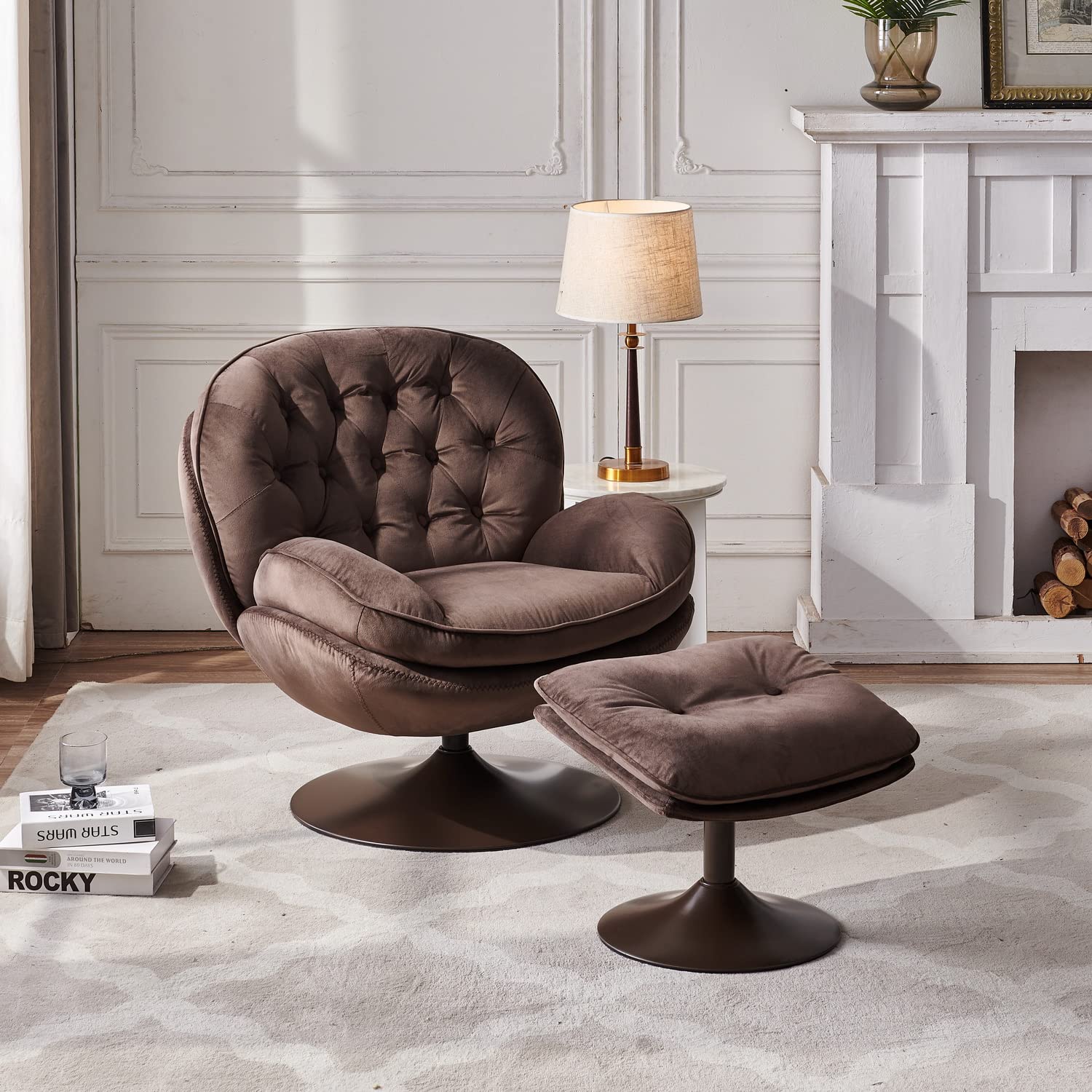 Modern Velvet Swivel Accent Chair with Ottoman Set - Comfy Lounge Reading & TV Armchair, Recliner Club Chair with Footrest - Single Leisure Sofa for Living Room, Bedroom & Office (Brown) | Fast USA Shipping