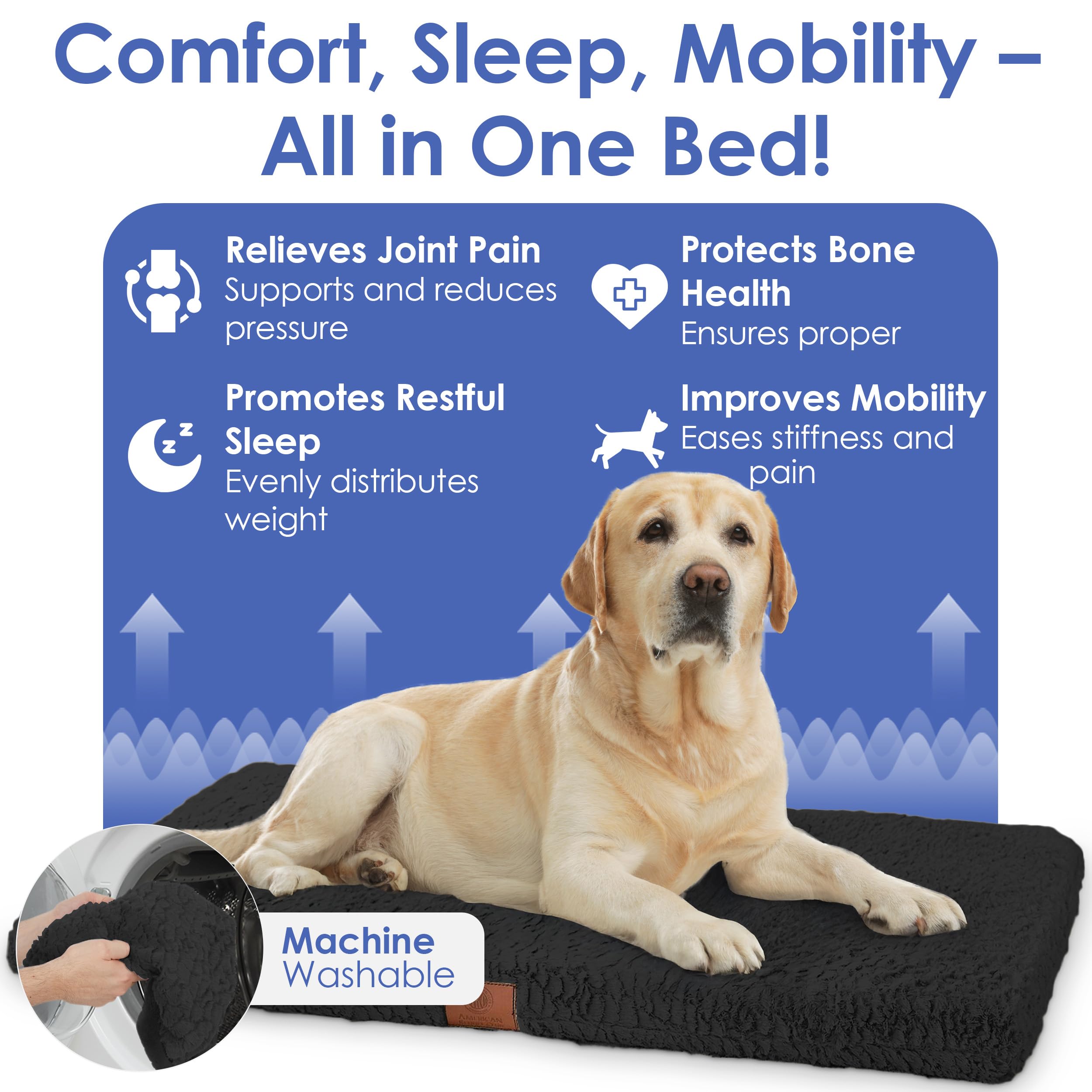 Orthopedic Memory Foam Dog Bed with Washable Cover - AKC Approved Pet Crate Mat for Joint Pain Relief, Non-Slip Bottom & Breathable Design (42x27 Inches, Black) - Perfect for Kennels, Crates & Elderly Dogs with Arthritis