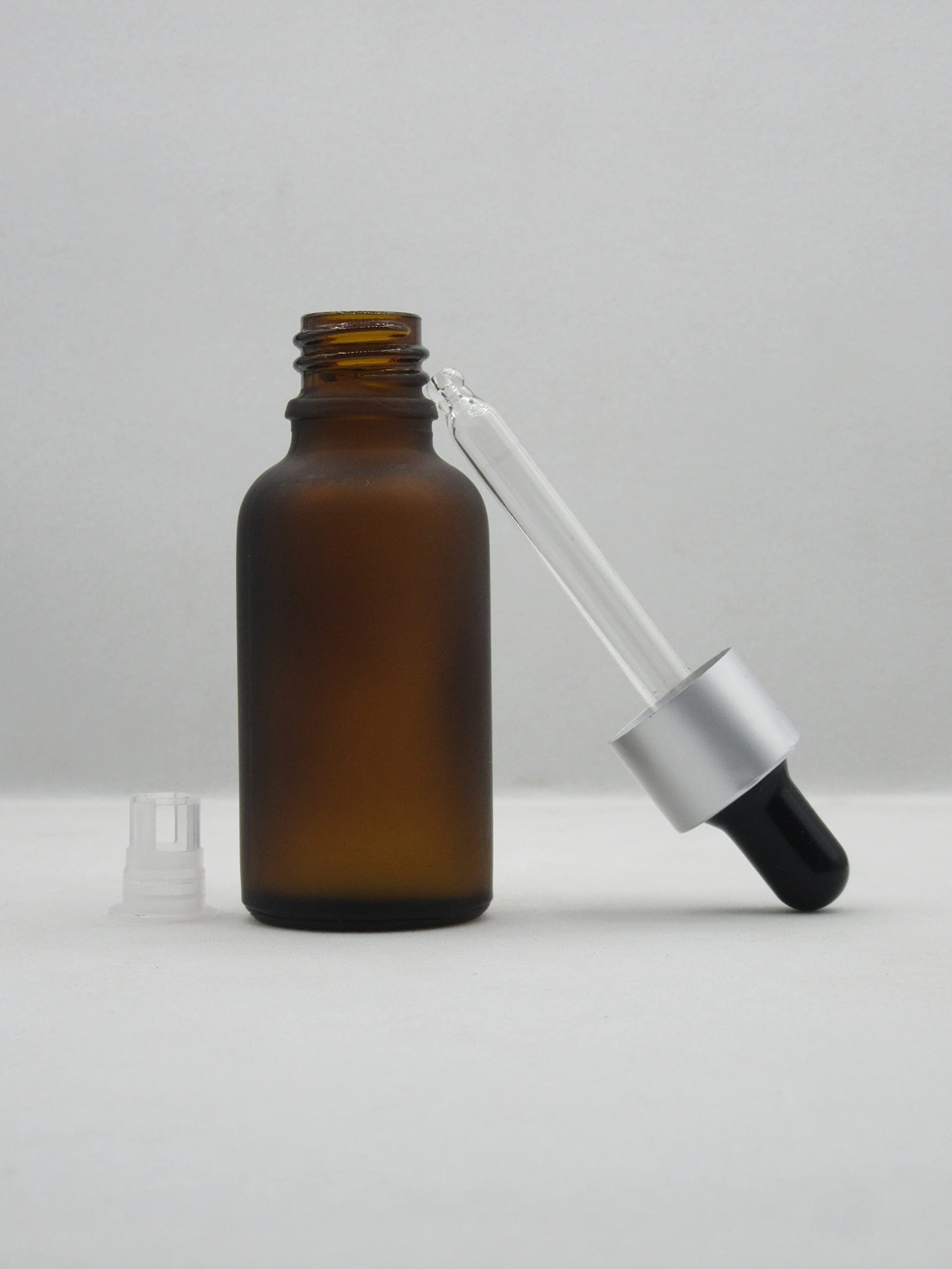 PHARCOS 30ml Amber Frosted Glass Dropper Bottle Set - Matte Silver Ring, Glass Tube, Black Silicone Teat & Wiper Plug - Perfect for Premium Perfumes, Essential Oils & Medicines (Pack of 4) | Ideal for DIY Beauty, Aromatherapy & Natural Remedies