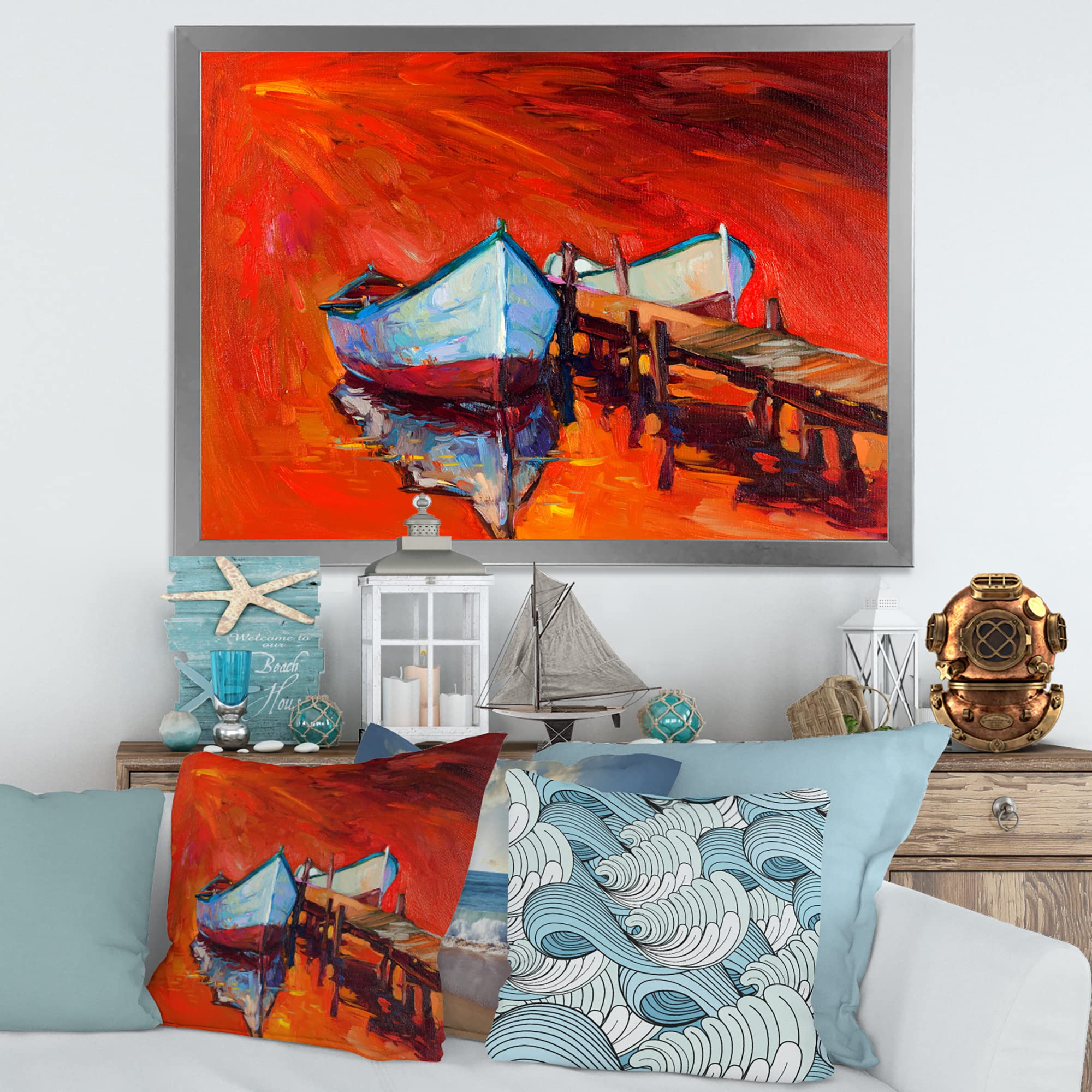 DesignQ Boats Resting On The Water Near Coastal Town IV - Nautical & Coastal Framed Wall Art Print for Beach House Decor, Ocean Themed Living Room, or Seaside Bedroom