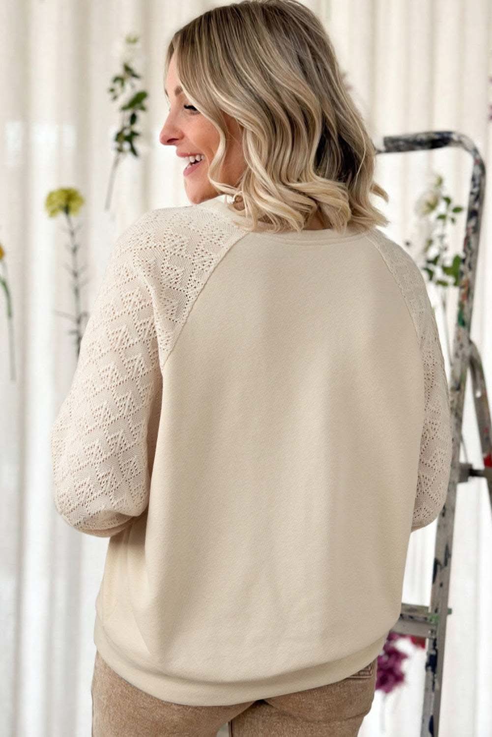 Stylish Knit Patchwork Pullover Sweater in Parchment | Trendy Women's Casual Wear for Fall & Winter | Perfect for Office, Dates & Weekend Outings