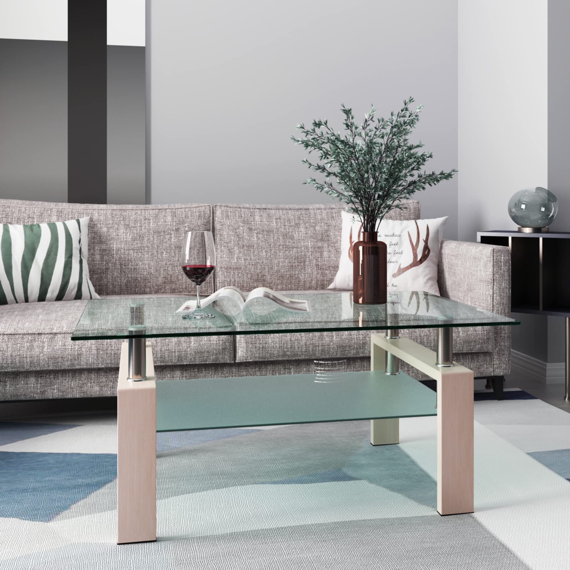 Modern Glass Coffee Table with Storage Shelf - Rectangle Living Room Center Table with Metal Tube Legs & 8mm Tempered Glass - Perfect for Tiny Homes, Apartments, and Reception Areas - Durable Side Table for Coffee, Books, and Decor