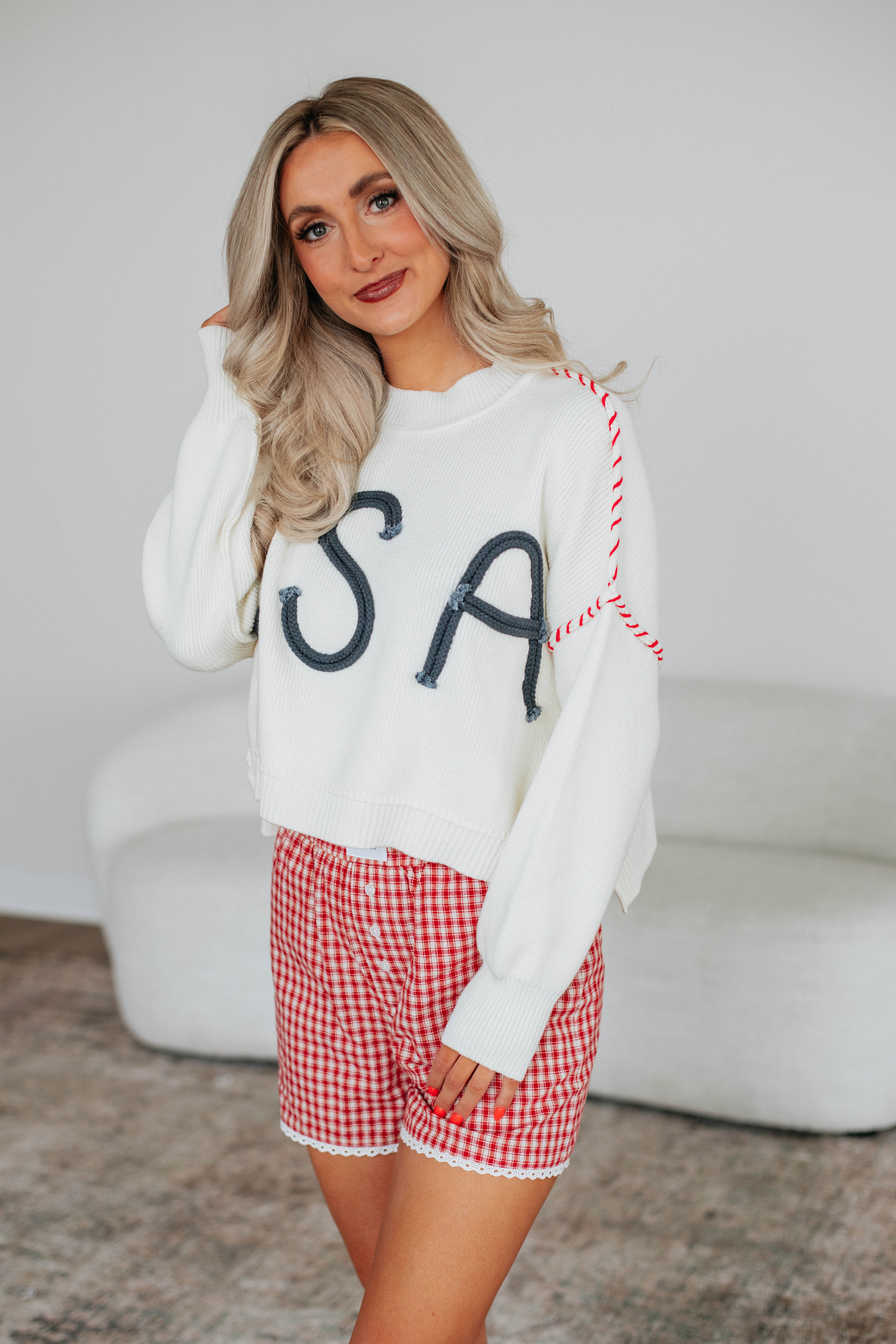 Americana Sweater Ivory - Cozy Knit Pullover for Women | Perfect for Fall & Winter Layering, Casual Outfits & Holiday Gatherings