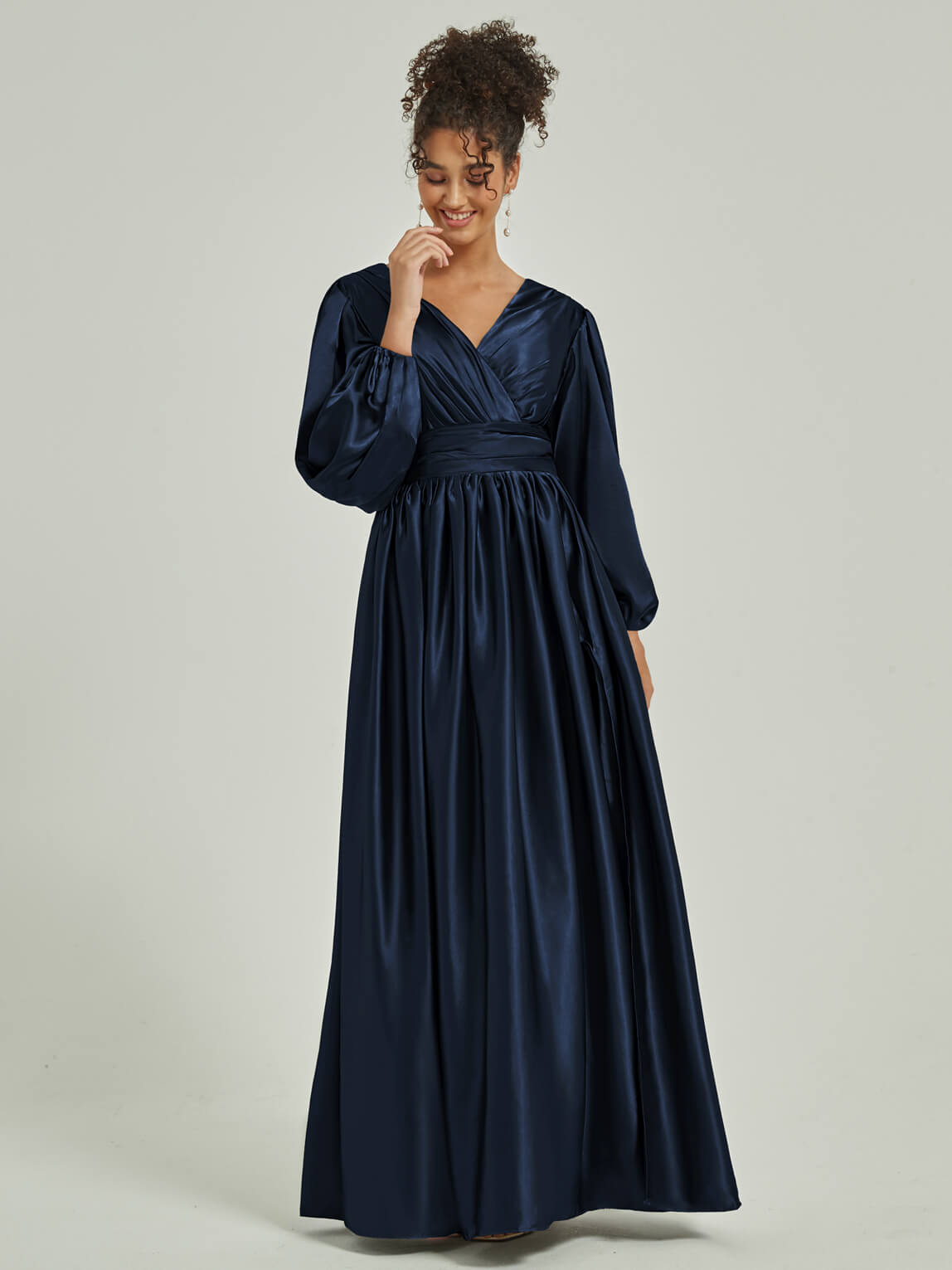Elegant Dark Navy Satin Bridesmaid Dress with 3/4 Sleeves, V-Neck & Slit Pleated Design - Perfect for Weddings, Formal Events & Special Occasions