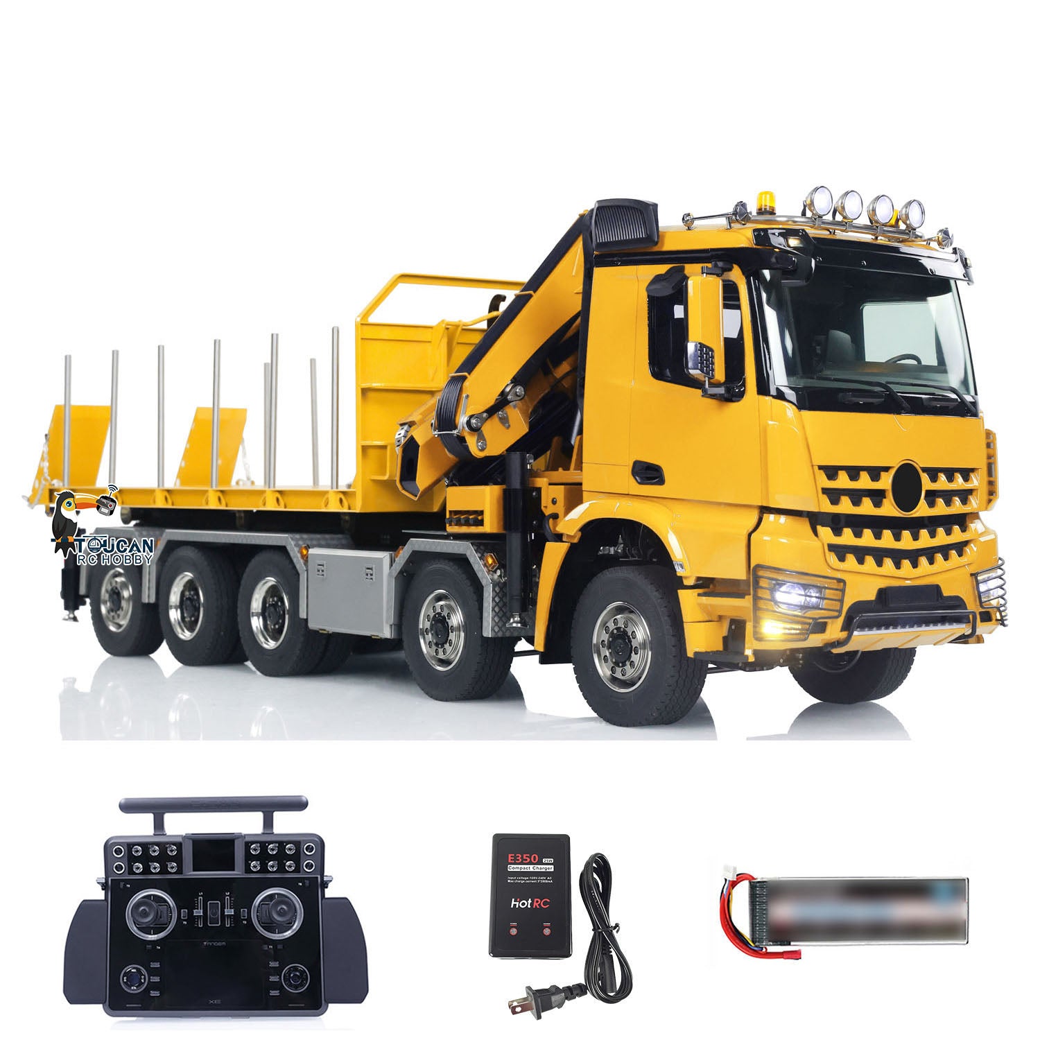 1:14 Scale 10x10 RC Hydraulic Crane Truck - Full Dump Metal Lorry with Rear Axle Steering & U-Shaped High-Standard Bucket & Timber Flatbed - Perfect for Construction Site Simulation, RC Hobbyists, and Collectors