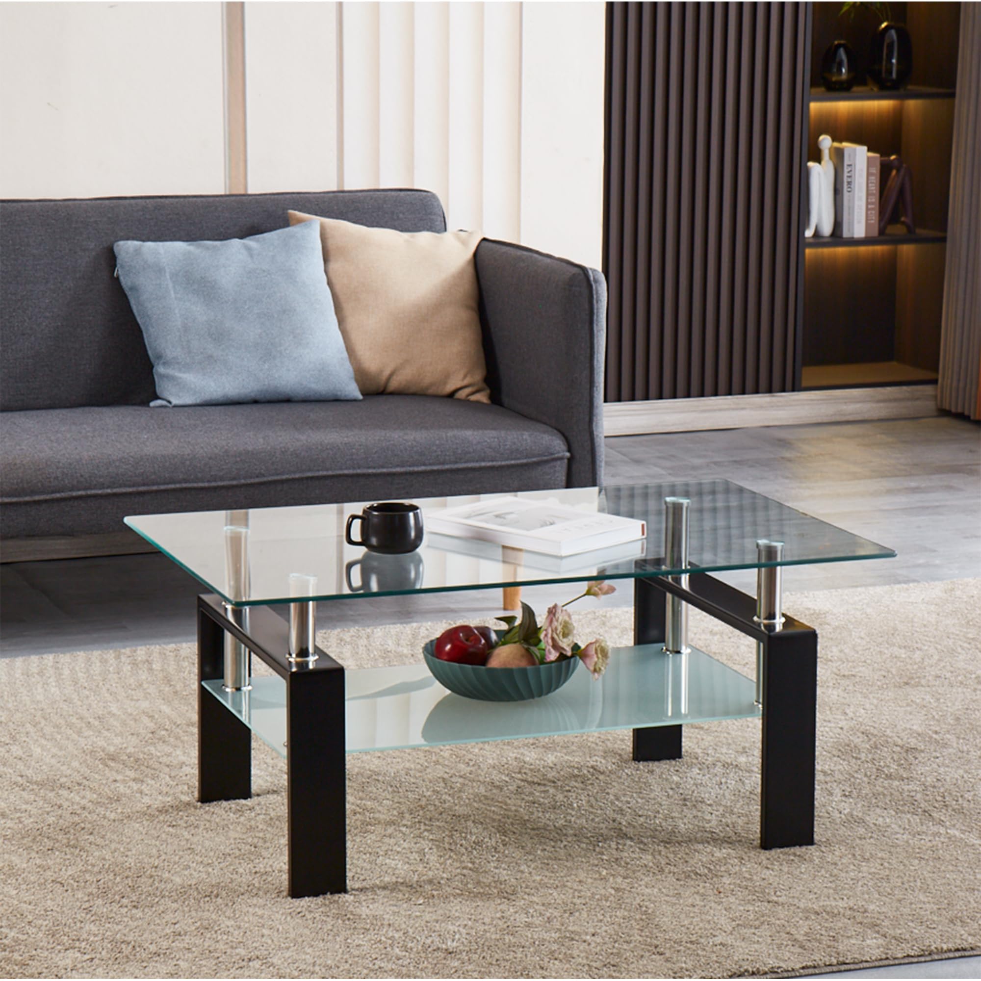 Modern Clear Glass Coffee Table Set of 3 with Black Metal Legs - Transparent Waterfall Living Room Tables for Small Spaces - Perfect for Apartments, Condos & Contemporary Home Decor