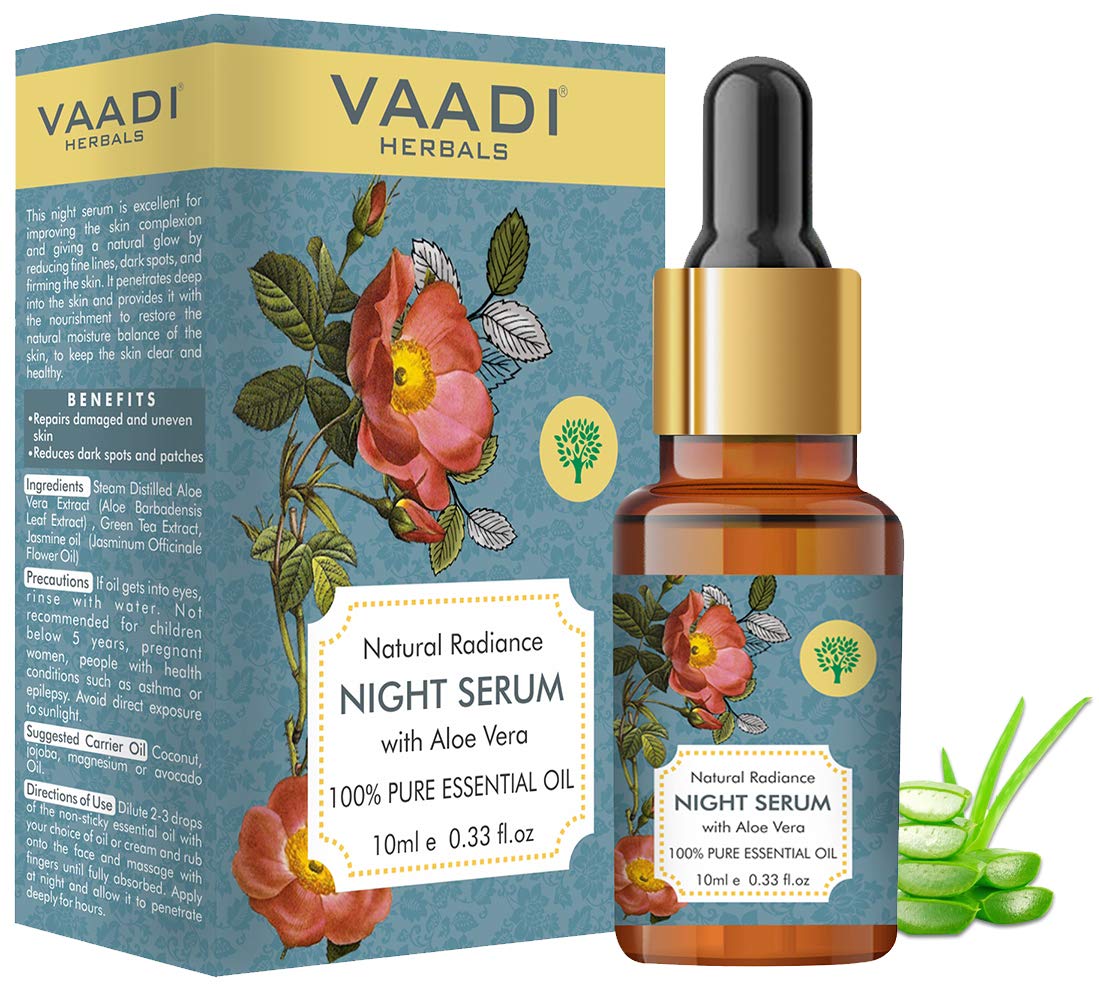 VAADI HERBALS Natural Radiance Night Serum with Aloe Vera - Dark Spot Corrector, Skin Repair Treatment for Damaged & Uneven Skin Tone, 10ml | Anti-Aging Face Serum for Nighttime Skincare Routine