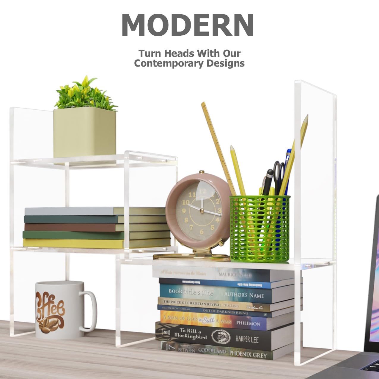 Adjustable Acrylic Desk Shelf Organizer - Clear Desktop Bookshelf for Office, Study & Home - Premium Tabletop Storage Solution for Books, Supplies & Decor