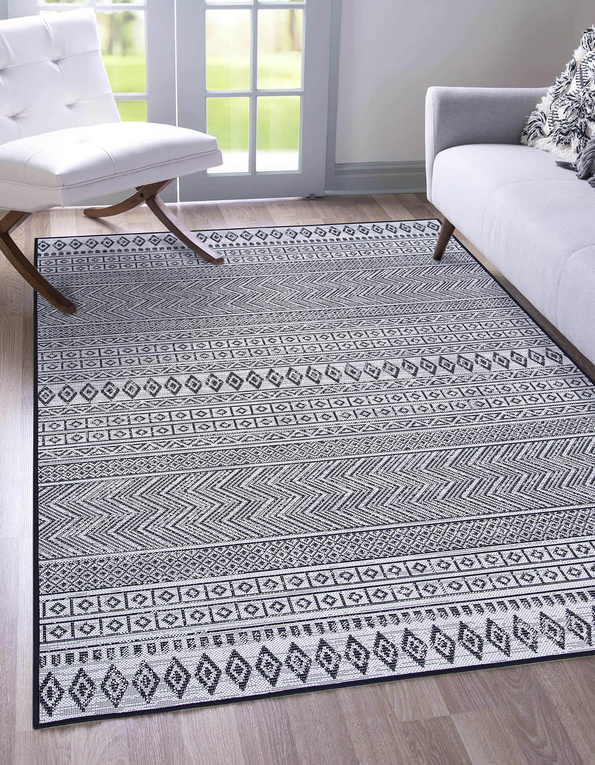 Boho Vintage Area Rug - Stain Resistant & Washable Indoor Outdoor Rug for Kitchen, Living Room, Bedroom, Patio, Balcony - Easy to Clean 6.5'x9' Black Rug - Perfect for Boho Decor, Farmhouse Style & Cozy Home Accents