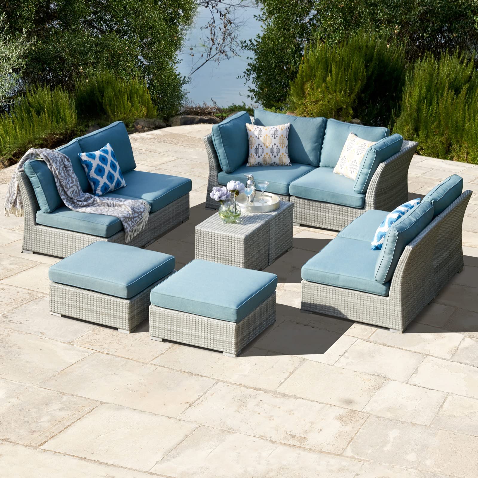 10-Piece Large Outdoor Furniture Set, 6-Seater All-Weather Wicker Patio Conversation Set with 4 Sofa Chairs, 2 Ottomans & 2 Side Tables - Perfect for Backyard, Deck, Garden or Poolside Relaxation (MS121)