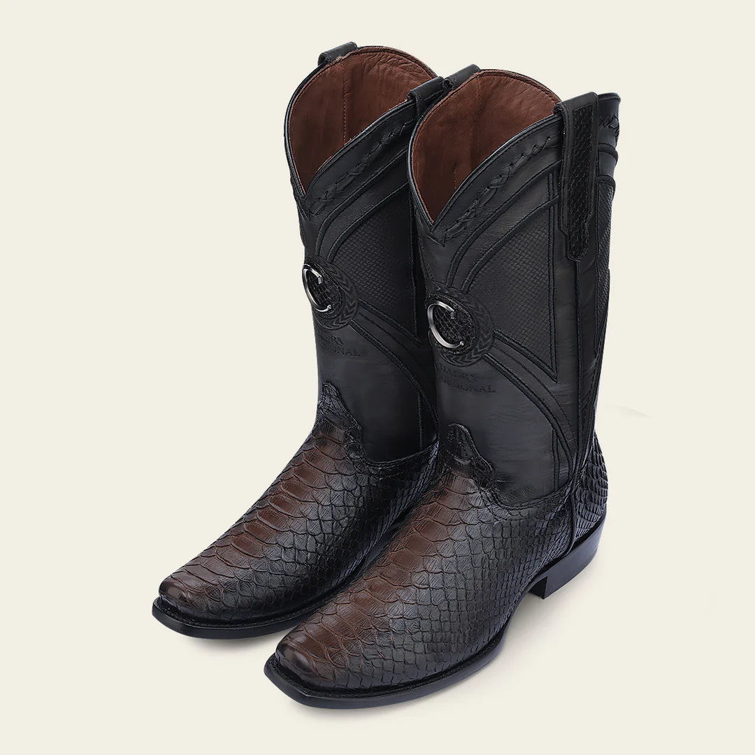 1J0APH Genuine Python Skin Western Cowboy Boots for Men - Premium Chocolate Brown Leather Rodeo & Country Style Footwear for Riding, Dancing & Outdoor Adventures
