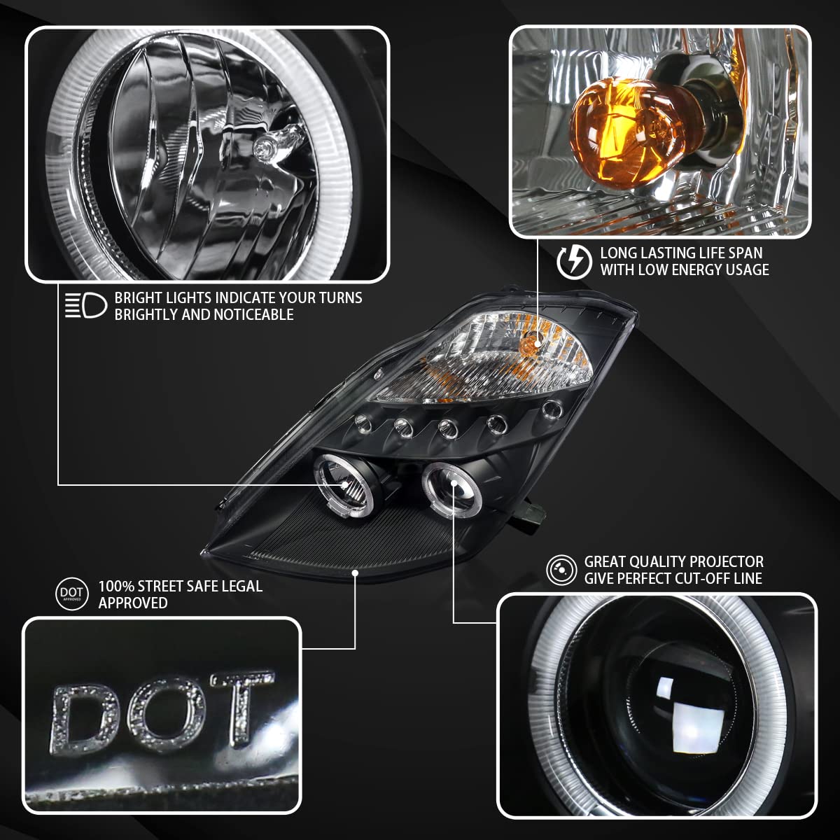 AUTOZENSATION Black Halo LED Projector Headlights Compatible with 2003-2005 Nissan 350Z - Left & Right Pair Headlamp Assembly for Enhanced Night Driving & Style Upgrade