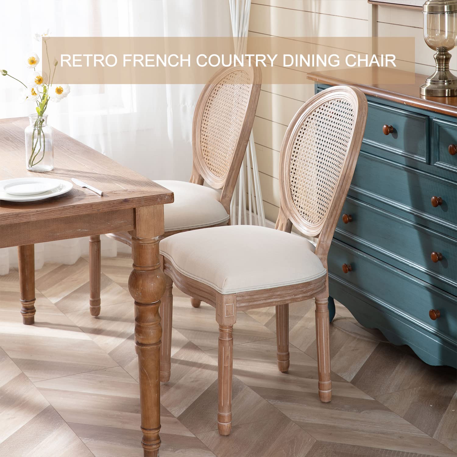 Virabit French Dining Chairs Set of 4 - Rattan Farmhouse Upholstered Chairs with Curved Backrest & Carved Solid Wood Frame - Elegant Seating for Living Room, Kitchen, Restaurant, Cafe, and Outdoor Dining Areas