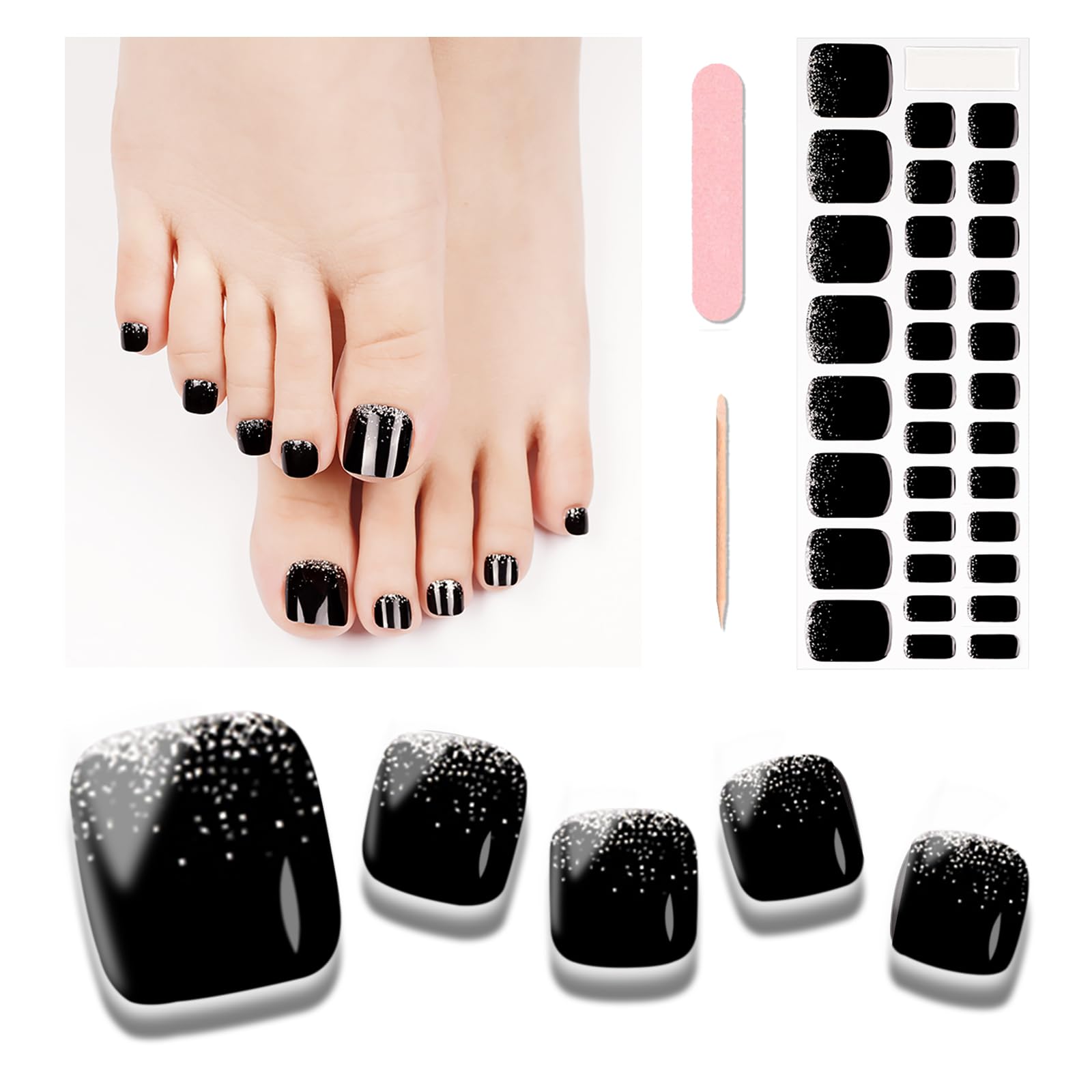 32 Pcs Semi Cured Gel Toenail Strips - Silver Black Nail Wraps for Pedicure, Works with UV Lamps, Includes Nail File & Wood Stick - Perfect for Salon, Home Manicure & Special Occasions