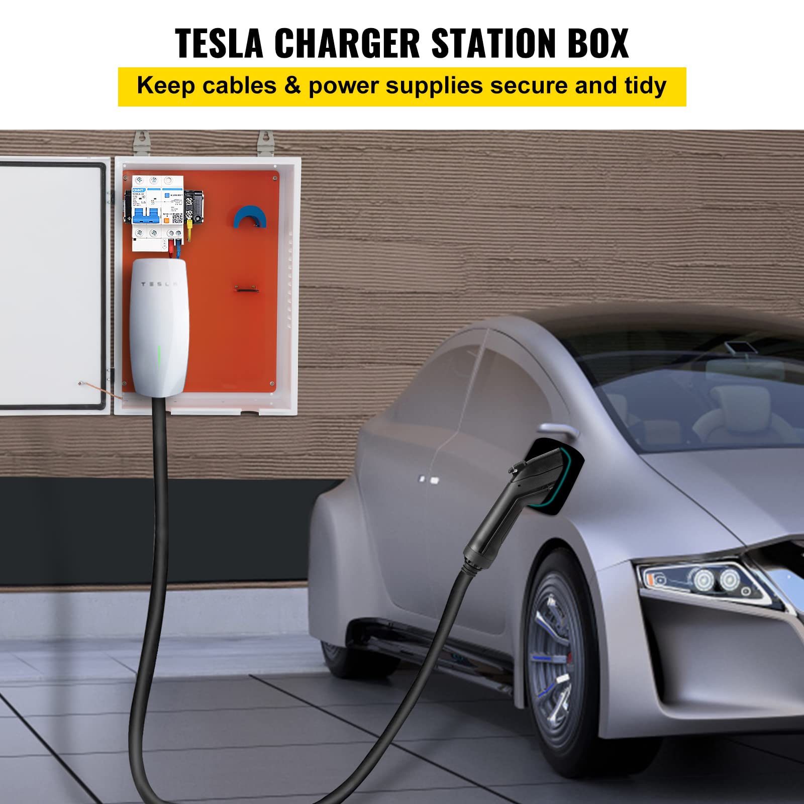 VEVOR Tesla Charging Station Enclosure - 28''x20''x10'' Weatherproof Cable Management Box, IP32 Rated Dust & Water Resistant, Heavy Duty Cold Rolled Steel - Perfect for Outdoor EV Charger Protection & Garage Organization