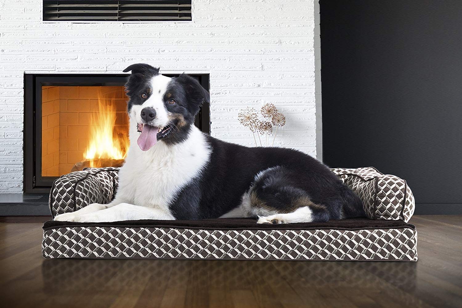 Furhaven Orthopedic Dog Bed for Large & Medium Dogs - Removable Bolsters & Washable Cover - Support for Dogs Up to 55 lbs - Plush & Woven Sofa-Style Design - Diamond Brown (Large) - Perfect for Living Rooms, Bedrooms & Pet-Friendly Spaces