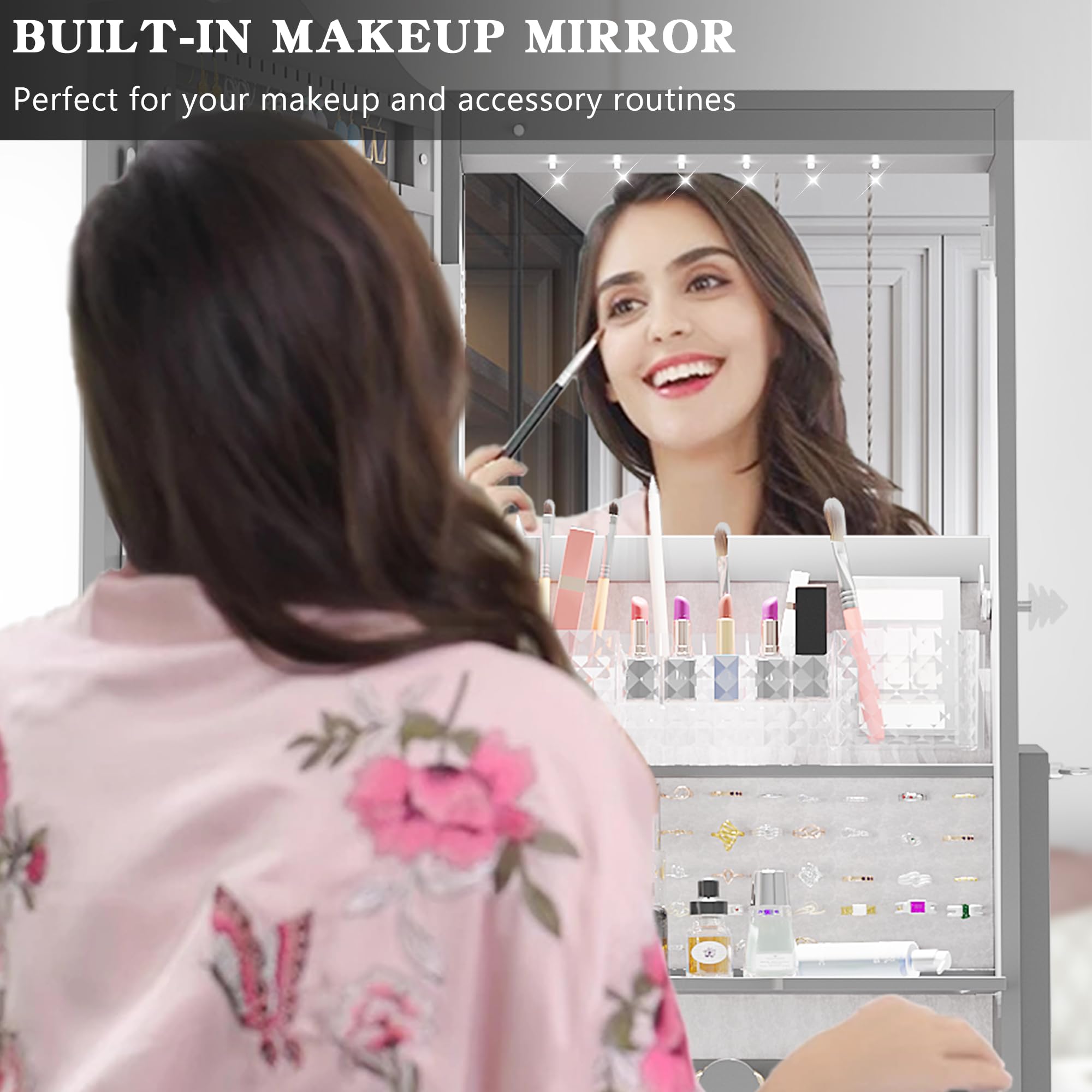 360° Rotating LED Jewelry Armoire with Full-Length Mirror - Large Capacity Jewelry Organizer with Lights & Lock - Floor Standing Mirror Cabinet with Storage Shelves for Bedroom, Cloakroom - Perfect for Organizing Necklaces, Rings & Accessories in Walk-In Closets or Dressing Rooms