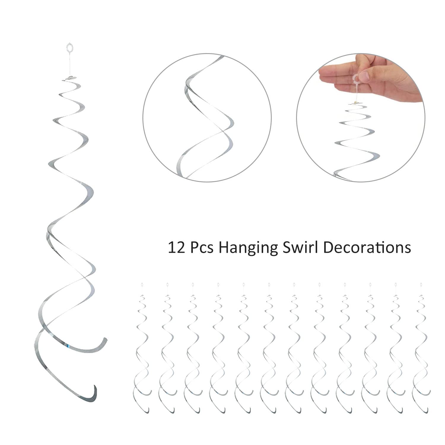 12 Pack Silver Plastic Hanging Swirl Decorations - Spiral Streamers for Ceiling, Wedding, Baby Shower & Birthday Party Supplies | Perfect for Indoor Events and Festive Celebrations