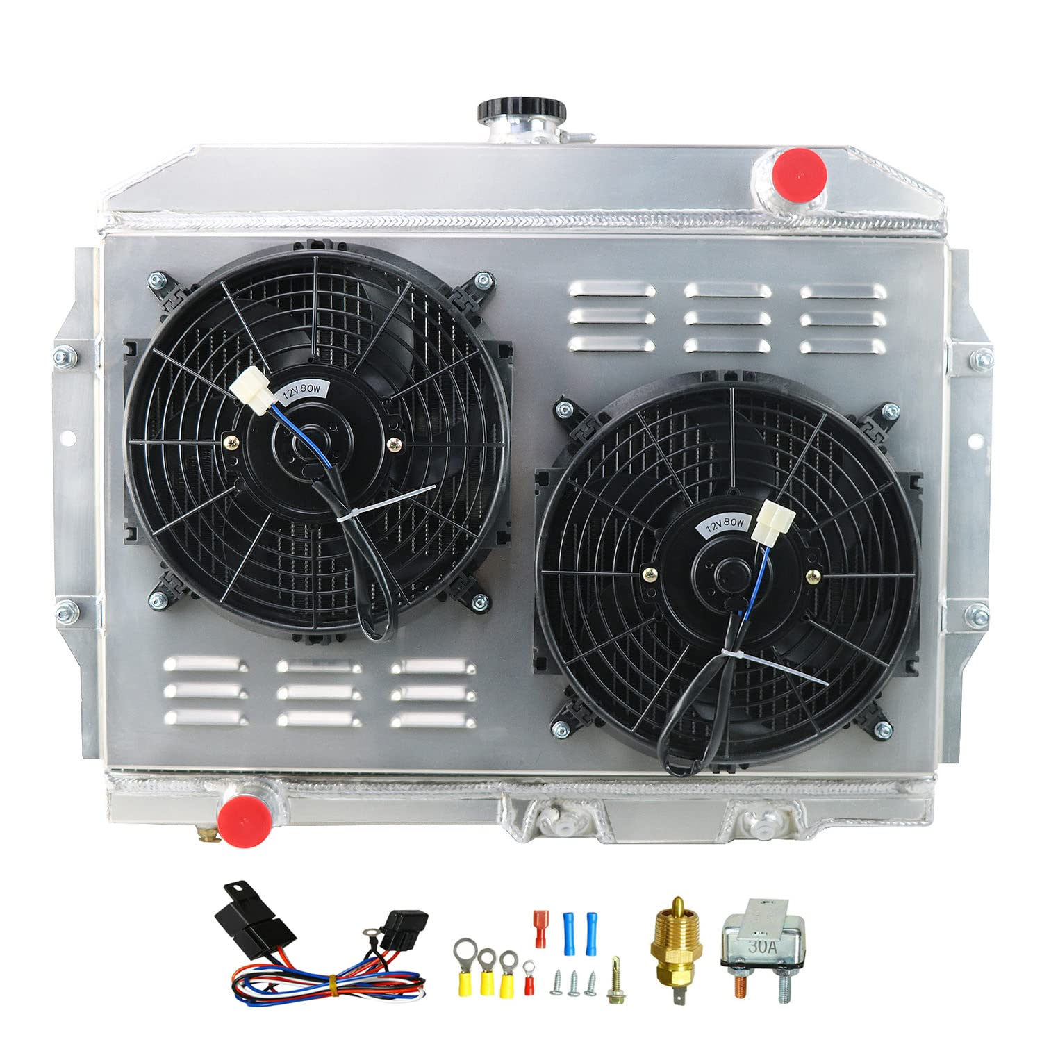 High-Performance Aluminum Radiator for 1968-1974 AMC AMX, Javelin, Marlin, Rambler SST V8 - 4 Row Core with 10-Inch Electric Fan & Relay Kit - Perfect for Classic Car Restoration & Hot Rod Upgrades